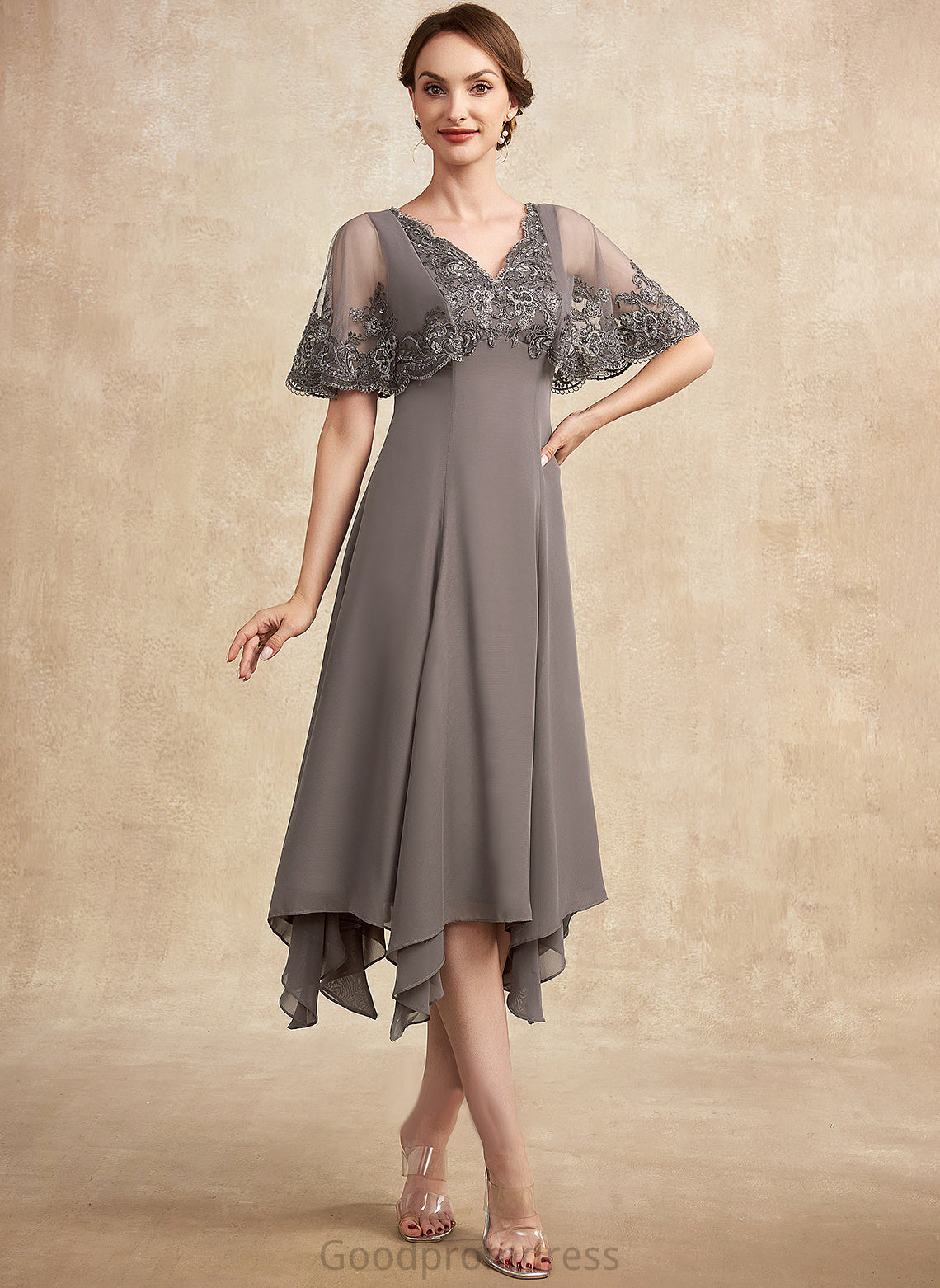 Beading Chiffon Ali Mother Lace V-neck Mother of the Bride Dresses the With Bride of A-Line Sequins Dress Tea-Length