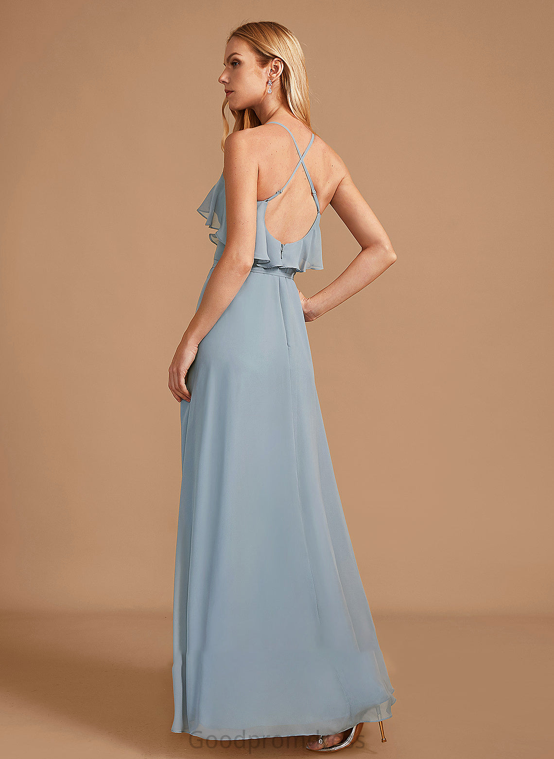 Fabric Asymmetrical Embellishment V-neck Ruffle A-Line Silhouette Length Neckline Sanaa Sleeveless A-Line/Princess Bridesmaid Dresses