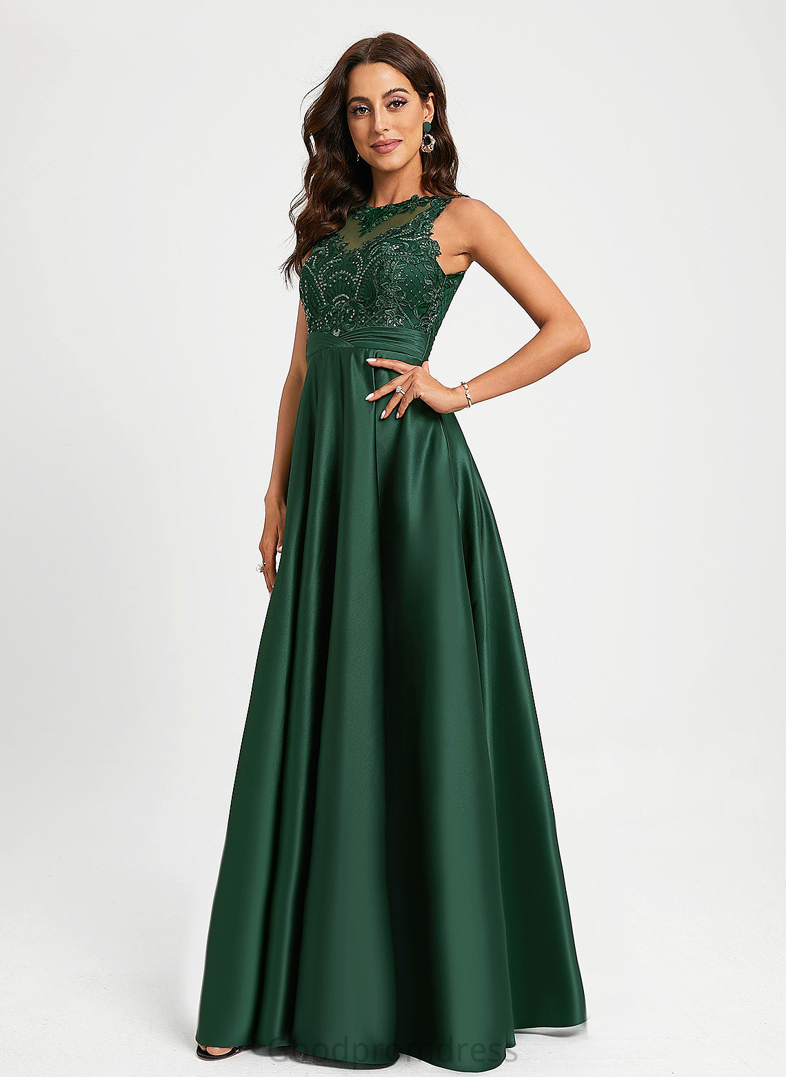 Mara Prom Dresses With Satin Floor-Length Ball-Gown/Princess Lace Sequins Scoop