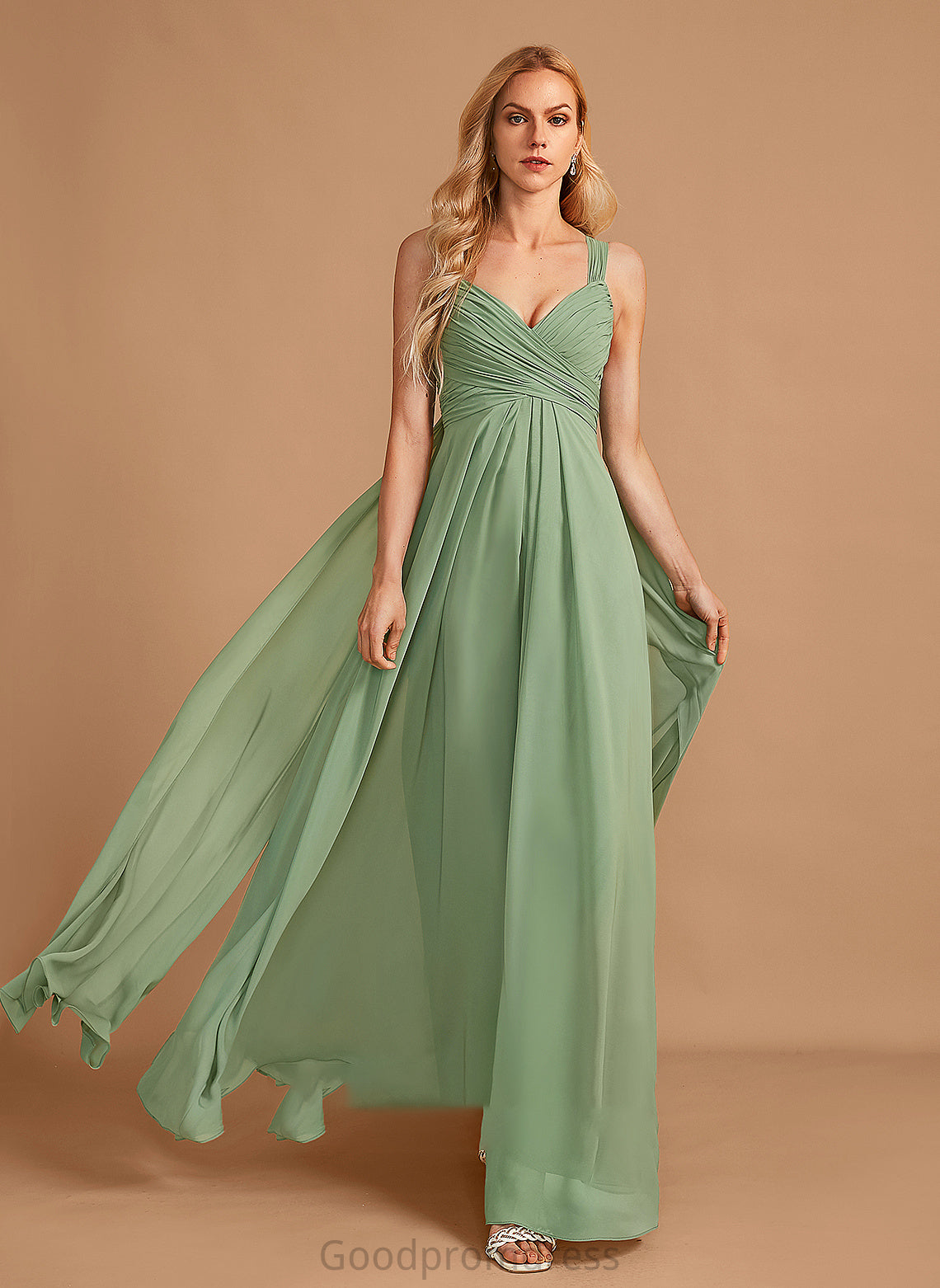 Length Embellishment V-neck A-Line Floor-Length Ruffle Neckline Silhouette Fabric Jillian Bridesmaid Dresses