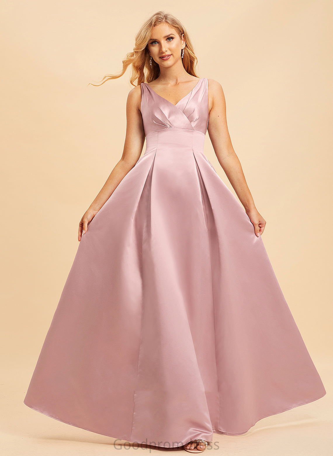 Neckline Length Fabric Satin A-Line Straps Floor-Length Silhouette V-neck Paloma Natural Waist Sleeveless Bridesmaid Dresses