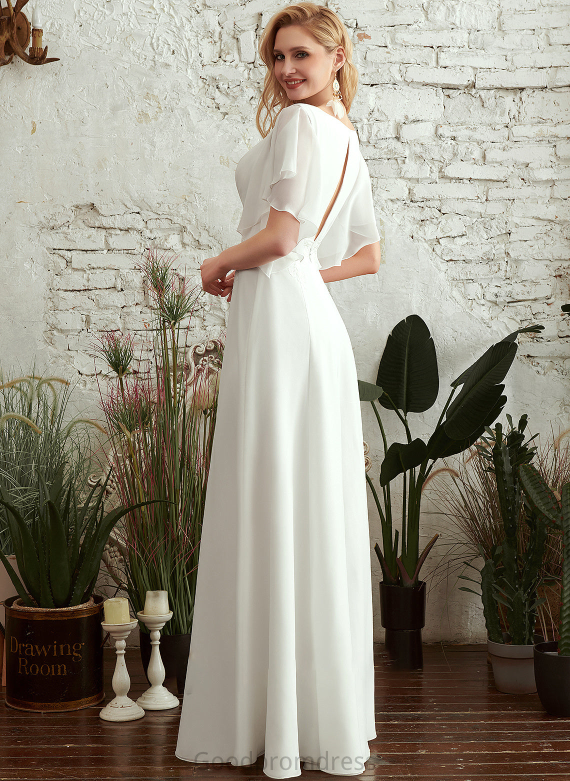 A-Line V-neck Wedding Dresses Dress With Floor-Length Gill Front Lace Split Wedding