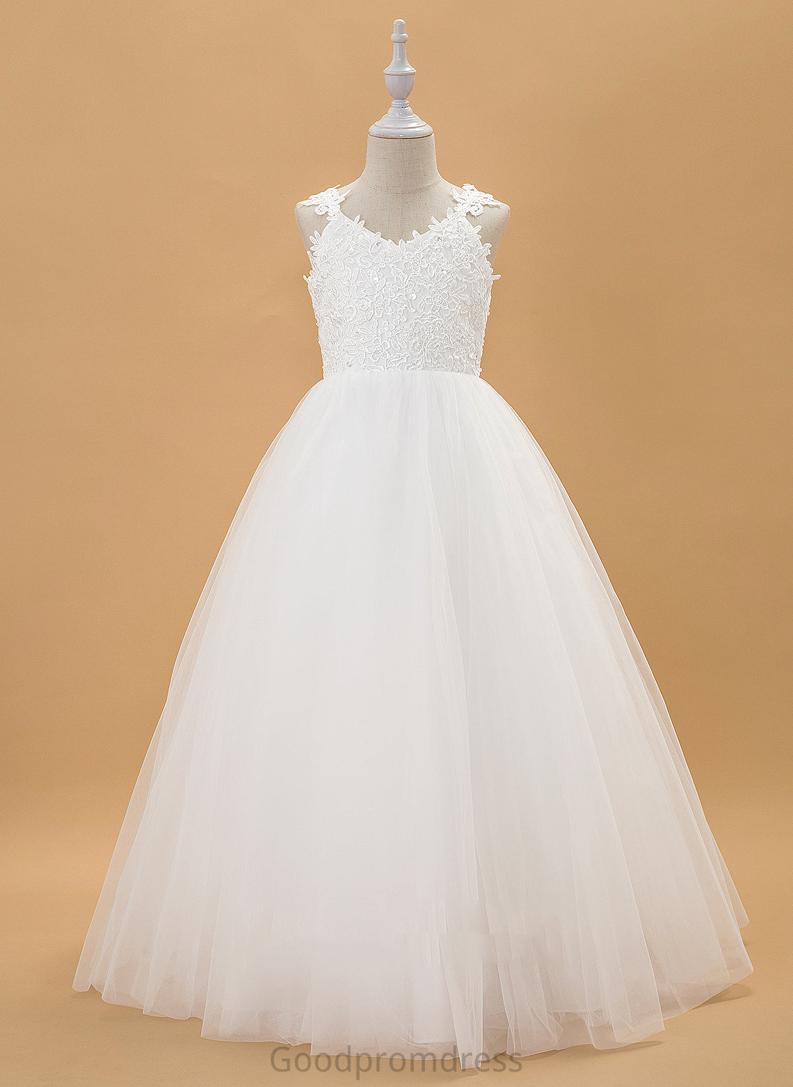 Tulle/Lace Flower Charlize Sleeveless Flower Girl Dresses Ball-Gown/Princess With Floor-length Girl Beading/Bow(s) - V-neck Dress