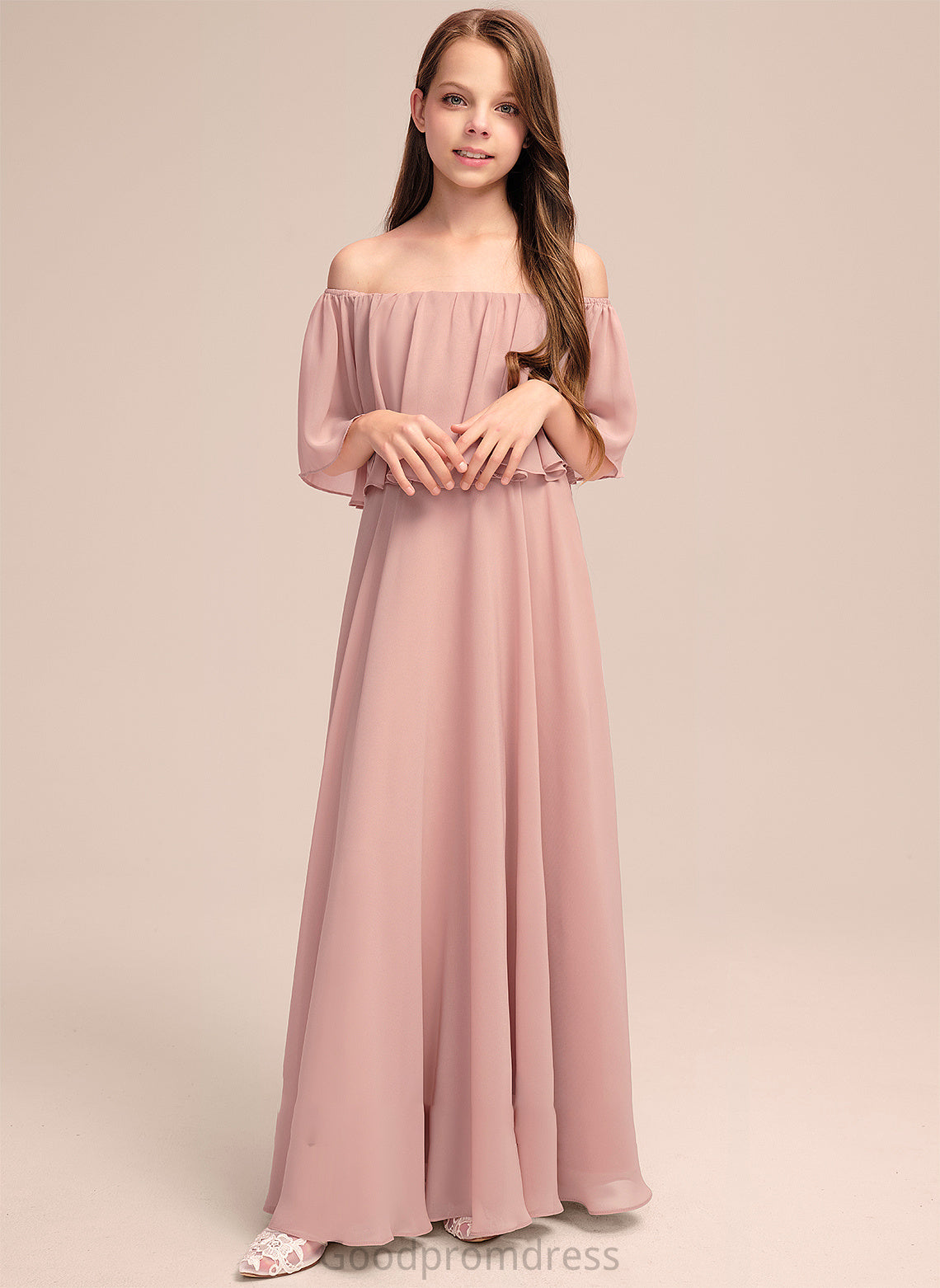 Off-the-Shoulder Chiffon Floor-Length With Junior Bridesmaid Dresses Alexus Ruffle A-Line