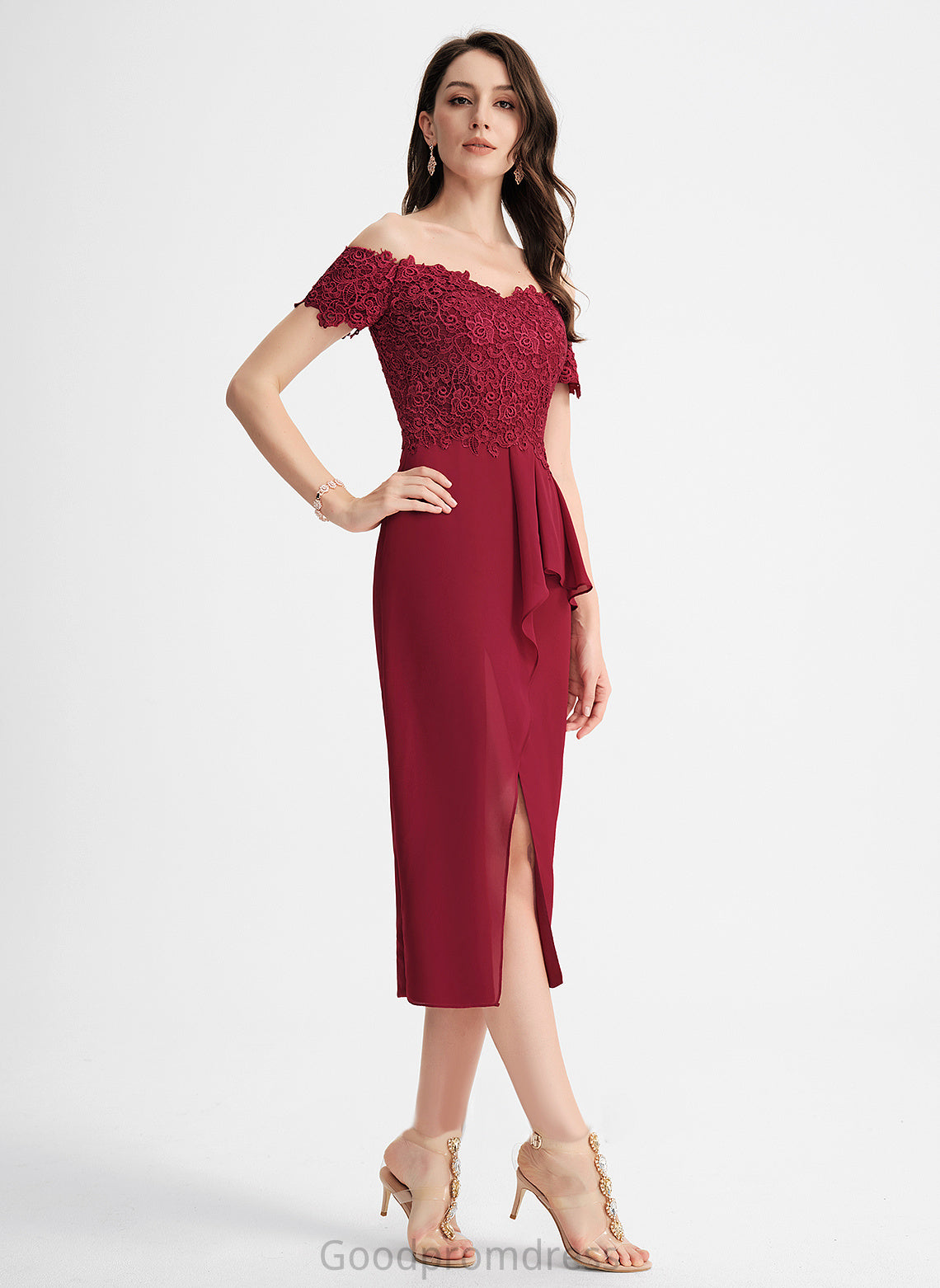 Cocktail Tea-Length Maya Lace Sheath/Column Off-the-Shoulder Dress Chiffon Cocktail Dresses