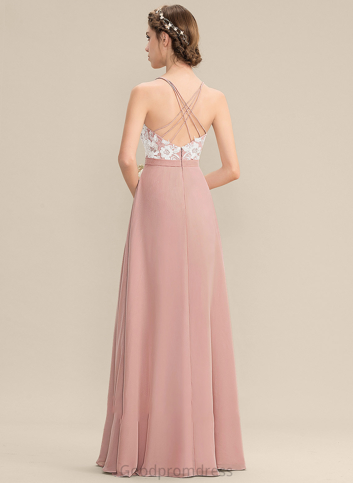 A-Line Alexandria Floor-Length Chiffon Prom Dresses Lace Split With V-neck Front