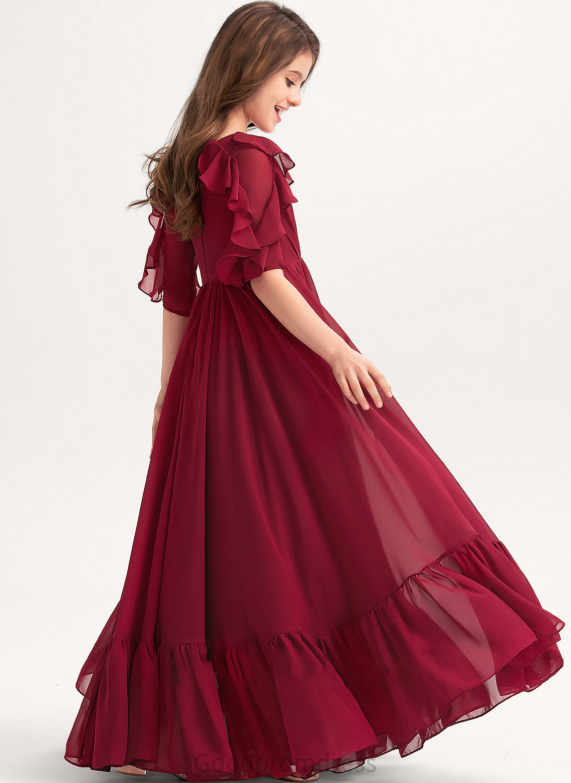 Neck Floor-Length Cascading A-Line Scoop Junior Bridesmaid Dresses Ruffles Ursula With Chiffon