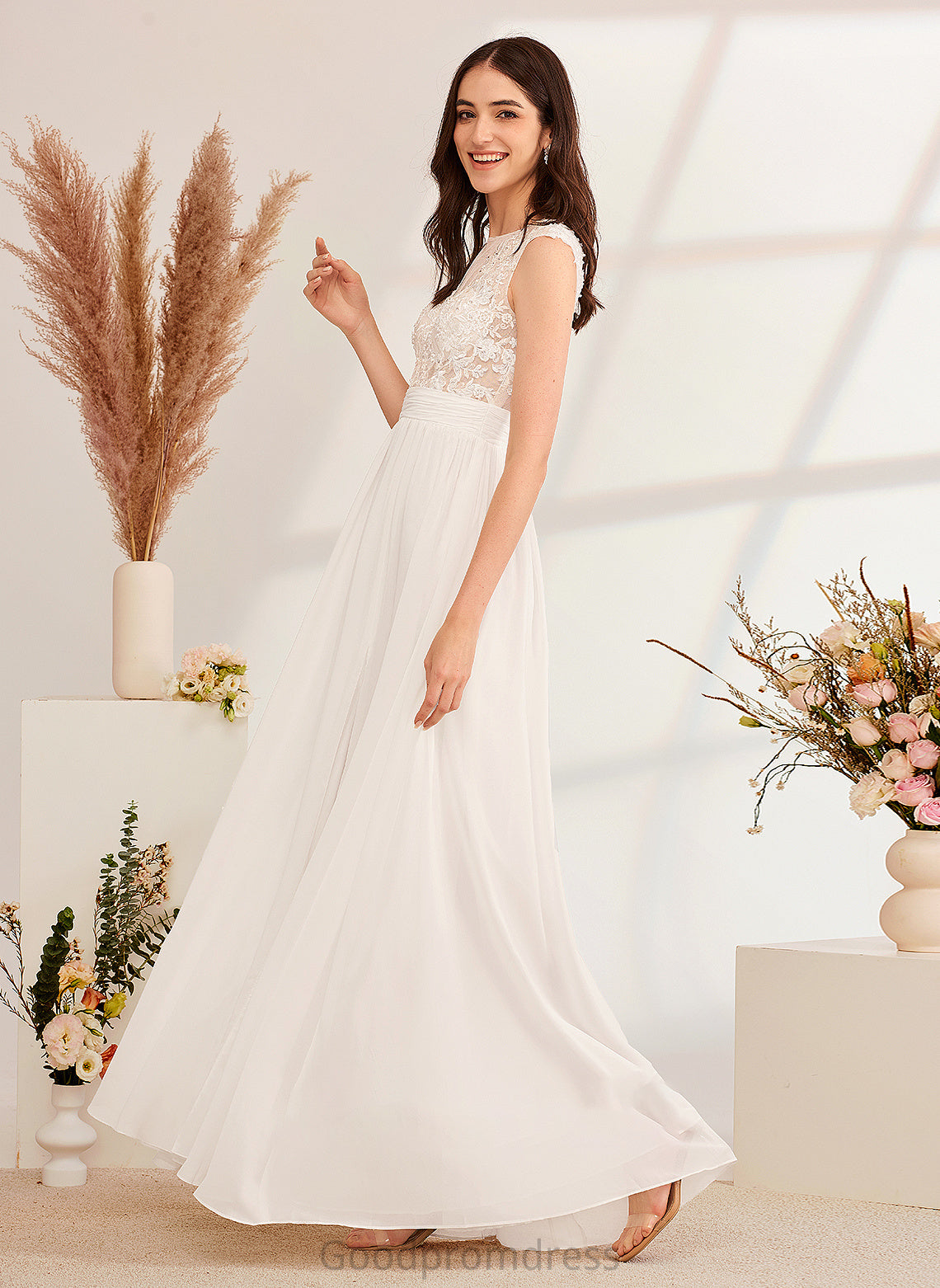 Front Illusion Cheryl A-Line Wedding Dresses Split Dress Wedding Beading Floor-Length With