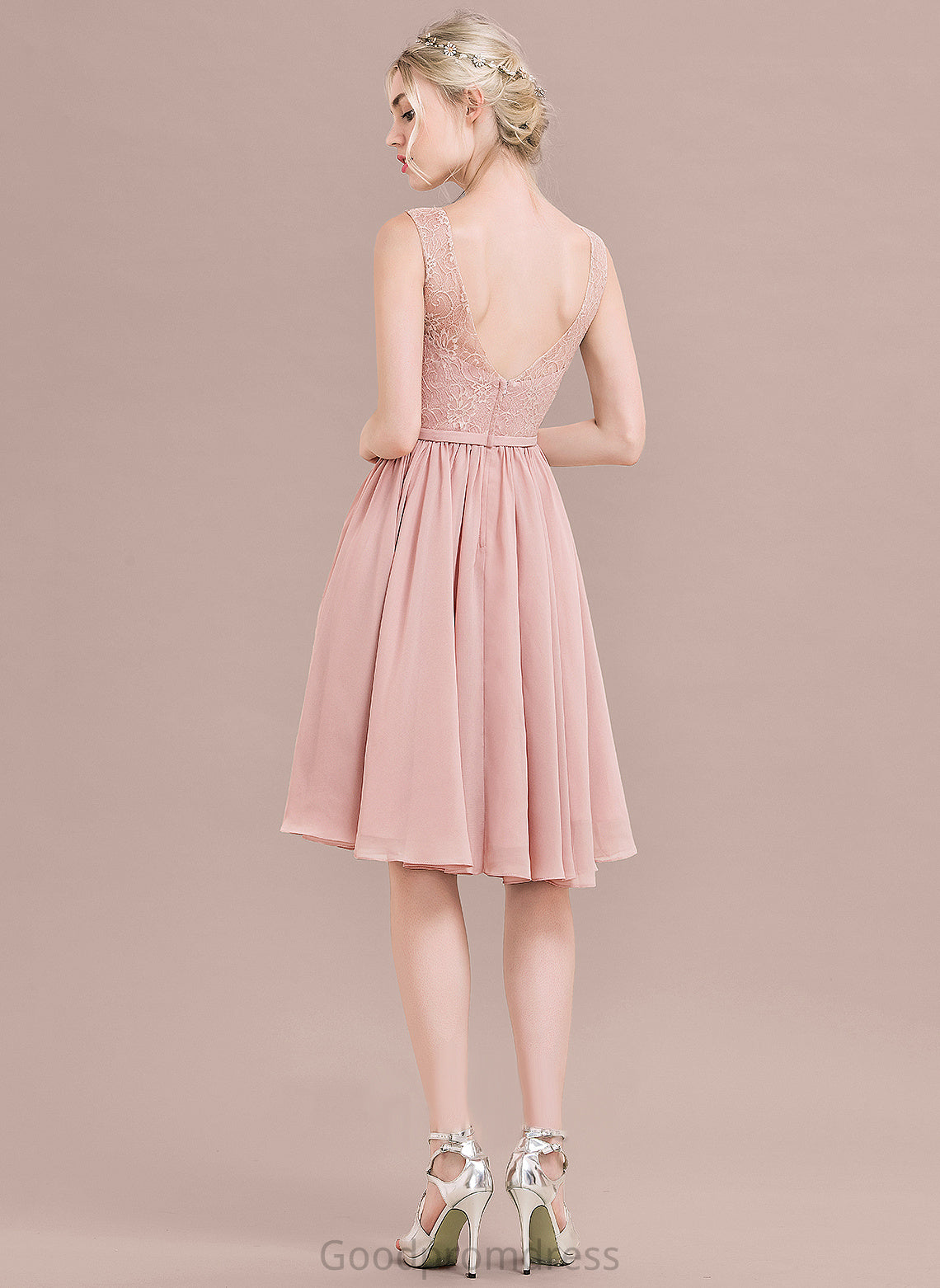 V-neck Knee-Length With A-Line Homecoming Chiffon Bow(s) Homecoming Dresses Lace Dress Lace Amari