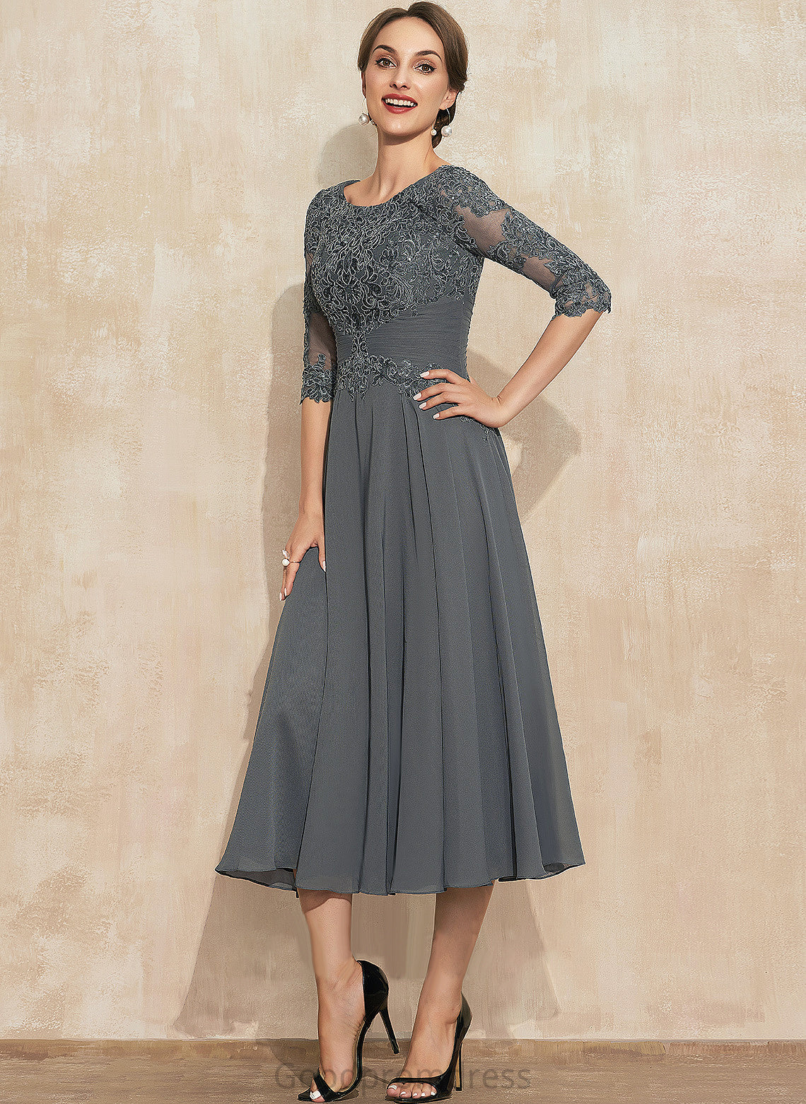 Tea-Length of Scoop Lace Dress Chiffon With Tina A-Line Mother Neck Bride Sequins the Mother of the Bride Dresses