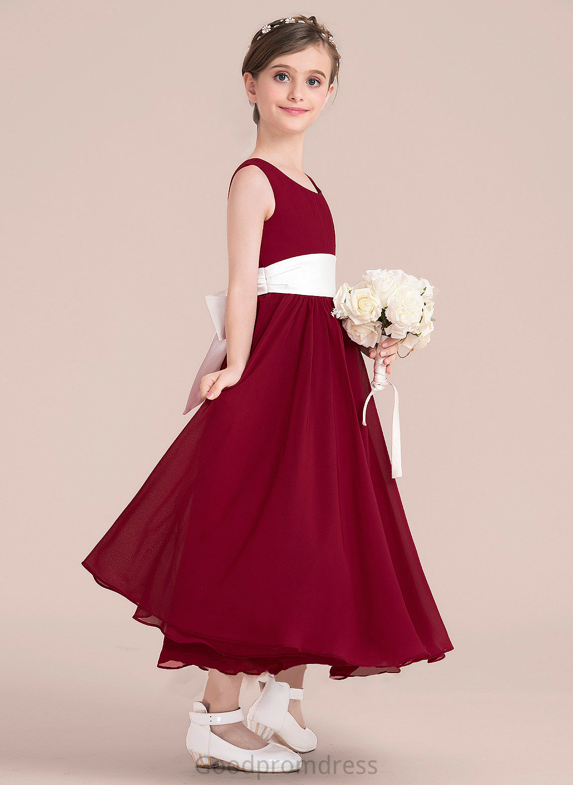 Junior Bridesmaid Dresses Sash Ankle-Length A-Line Scoop With Neck Empire Chiffon Keyla Bow(s)