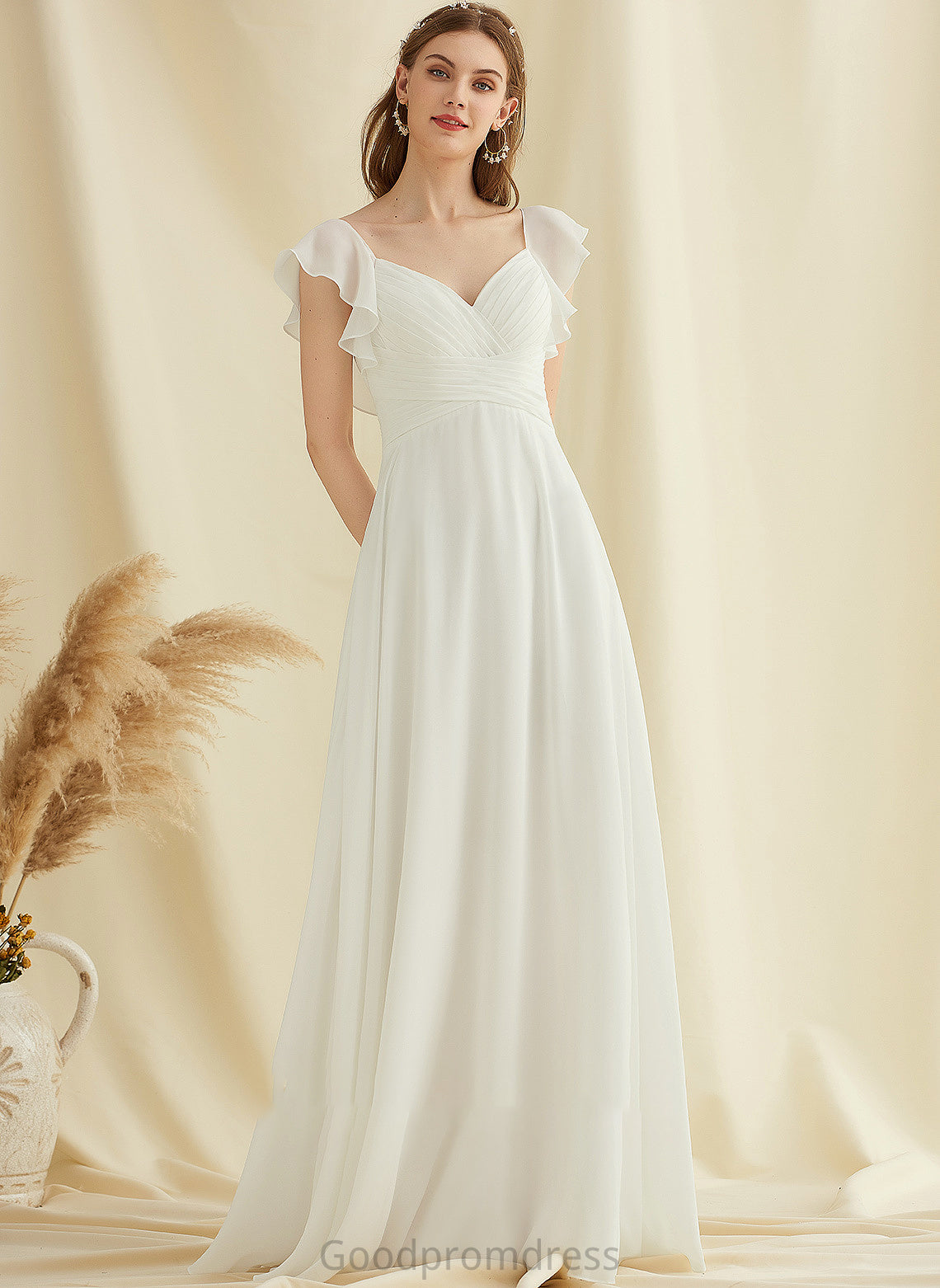 Keyla Wedding Dresses Wedding With Floor-Length V-neck Ruffle A-Line Dress Chiffon