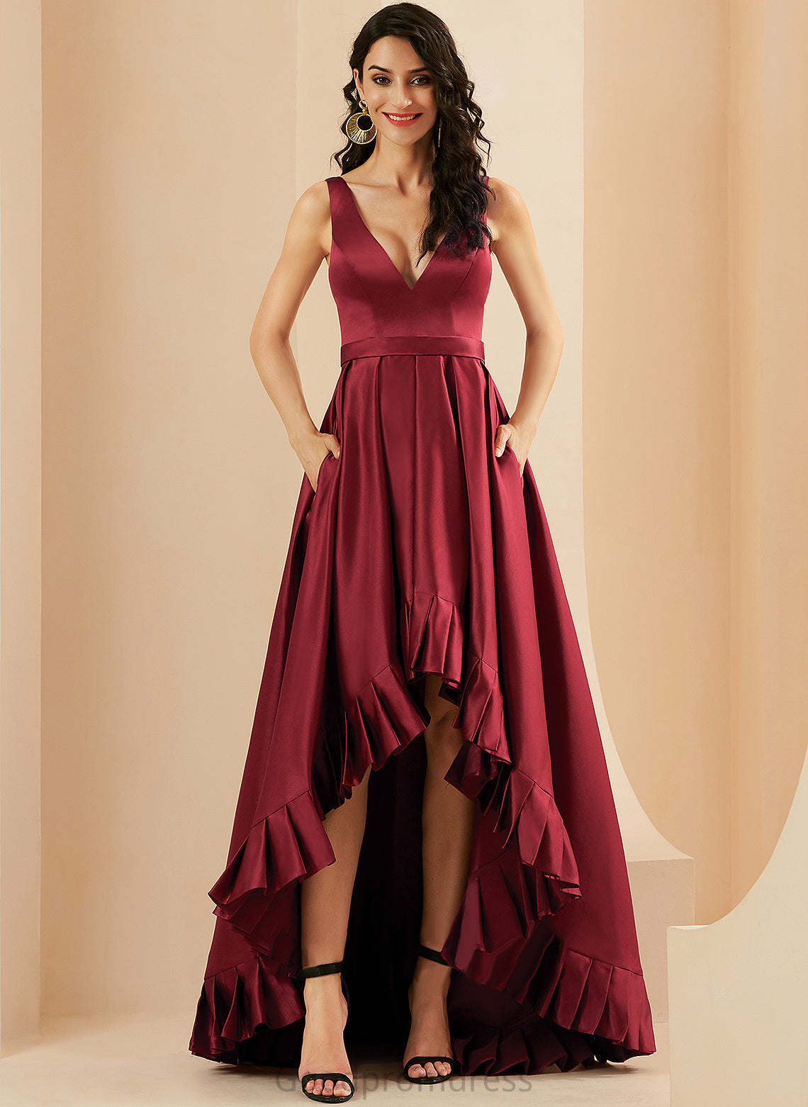 Asymmetrical Satin Ball-Gown/Princess With V-neck Pockets Jan Prom Dresses