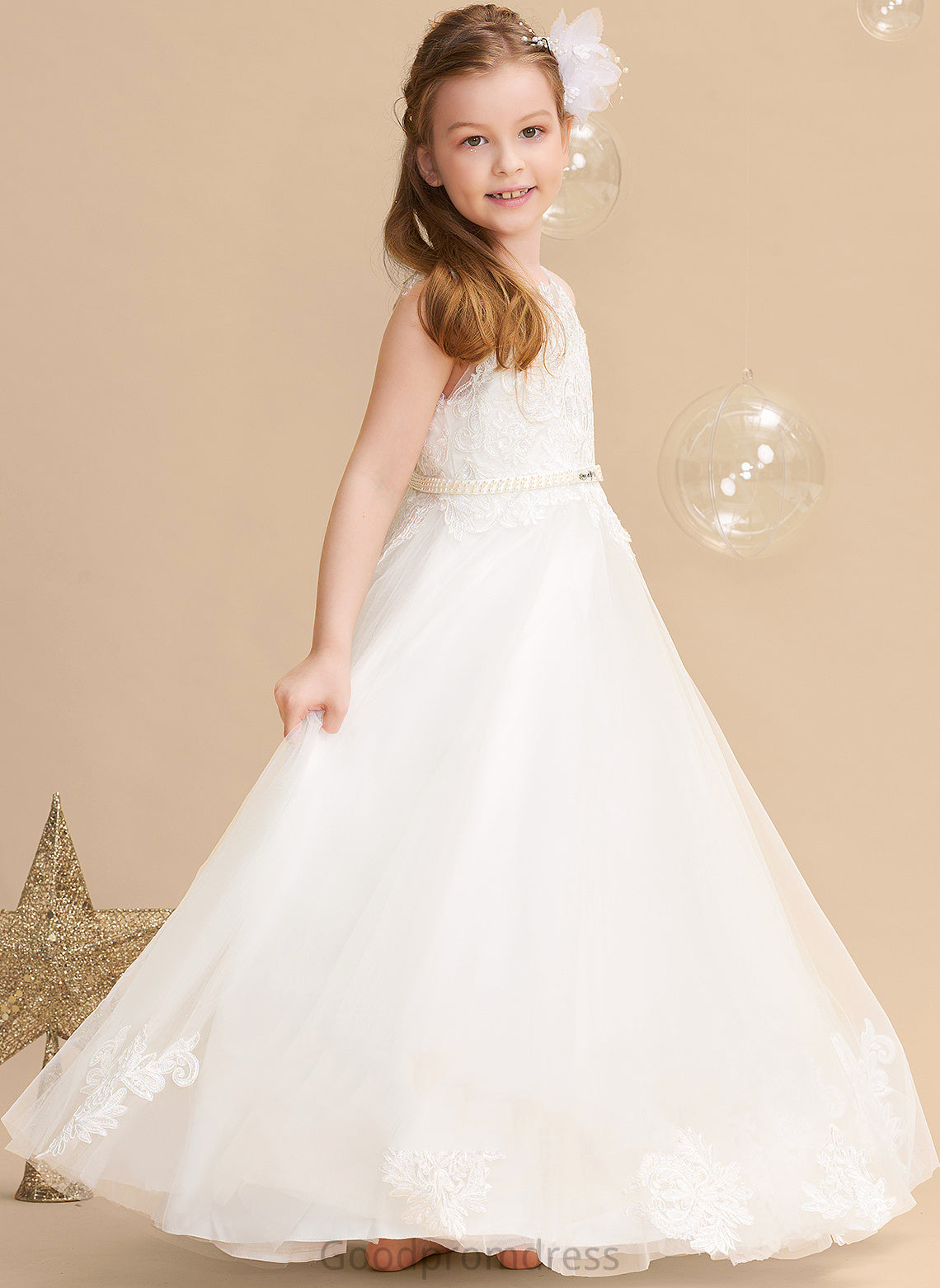 Ball-Gown/Princess Girl Scoop Angelina Neck Beading Dress - Floor-length Flower Girl Dresses Flower Sleeveless With Tulle/Lace