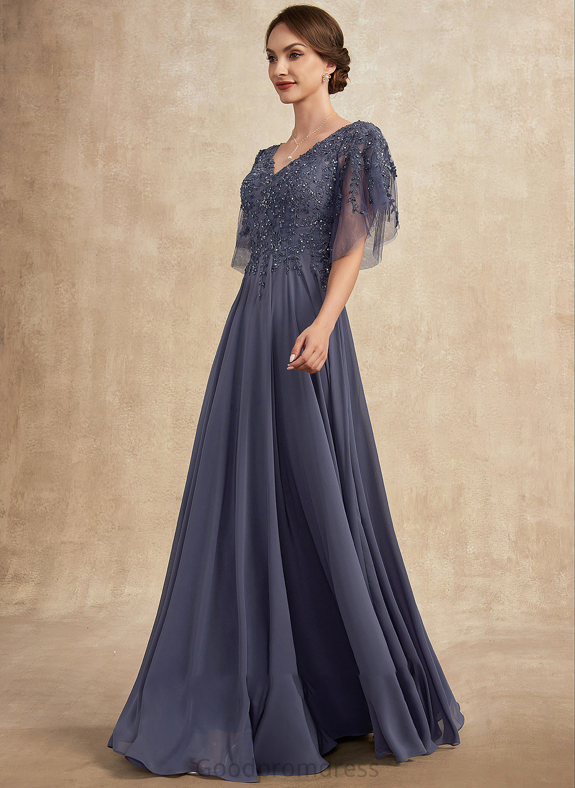 the Dress Mother of Floor-Length Lace A-Line Bride V-neck Sequins With Beading Chiffon Mother of the Bride Dresses Ann