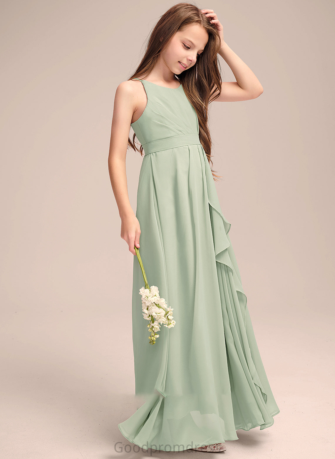 Ruffles Floor-Length A-Line Lucille Chiffon Junior Bridesmaid Dresses Neck Cascading Scoop With