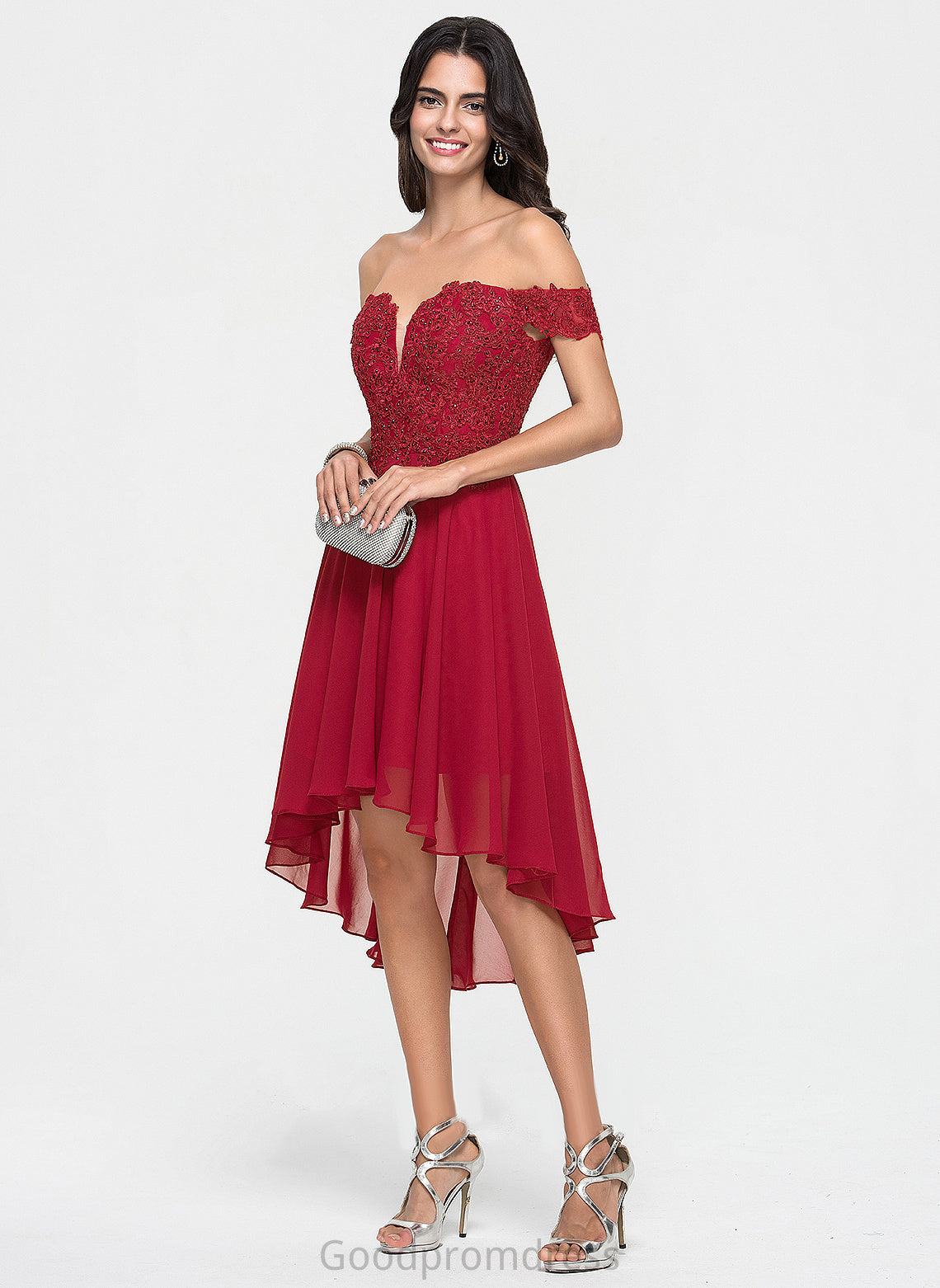 Homecoming Dresses Jaelynn Asymmetrical Chiffon Off-the-Shoulder A-Line Lace With Homecoming Beading Dress