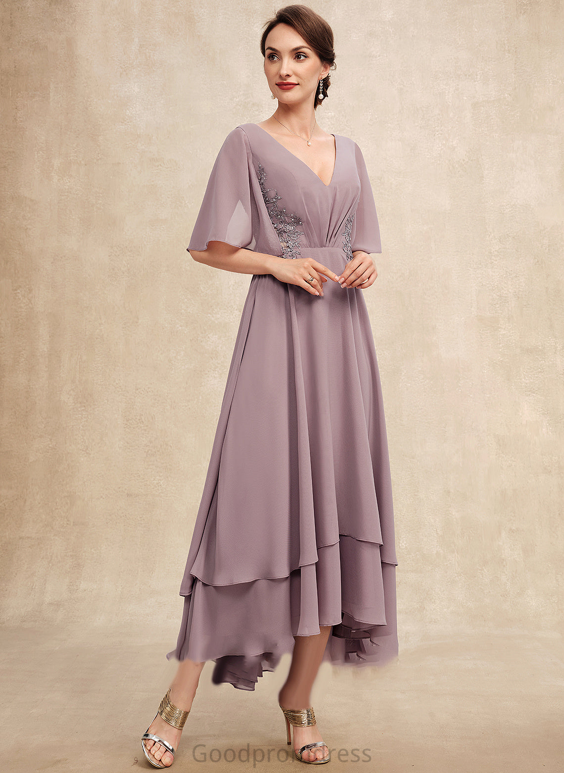 V-neck Mother Dress Asymmetrical Hanna Ruffle Lace Bride Beading the Mother of the Bride Dresses With of A-Line Chiffon