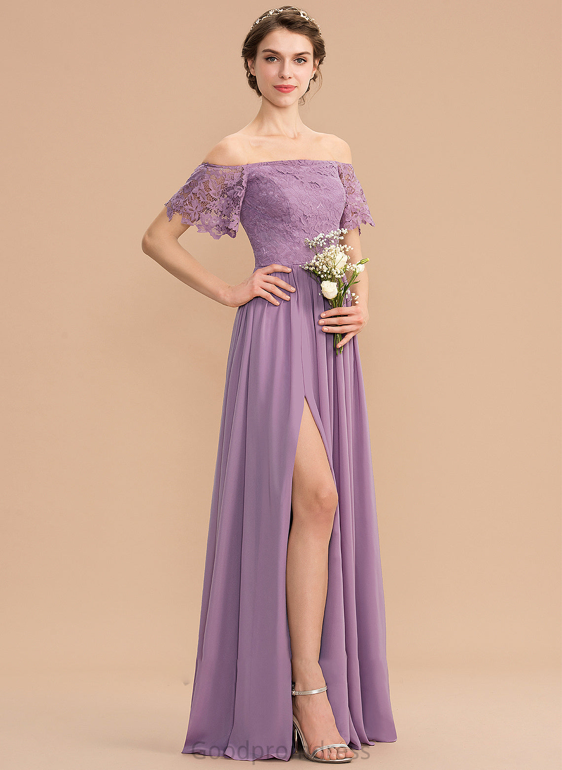 A-Line Silhouette Embellishment SplitFront Floor-Length Fabric Off-the-Shoulder Neckline Length Thirza Floor Length Natural Waist Bridesmaid Dresses