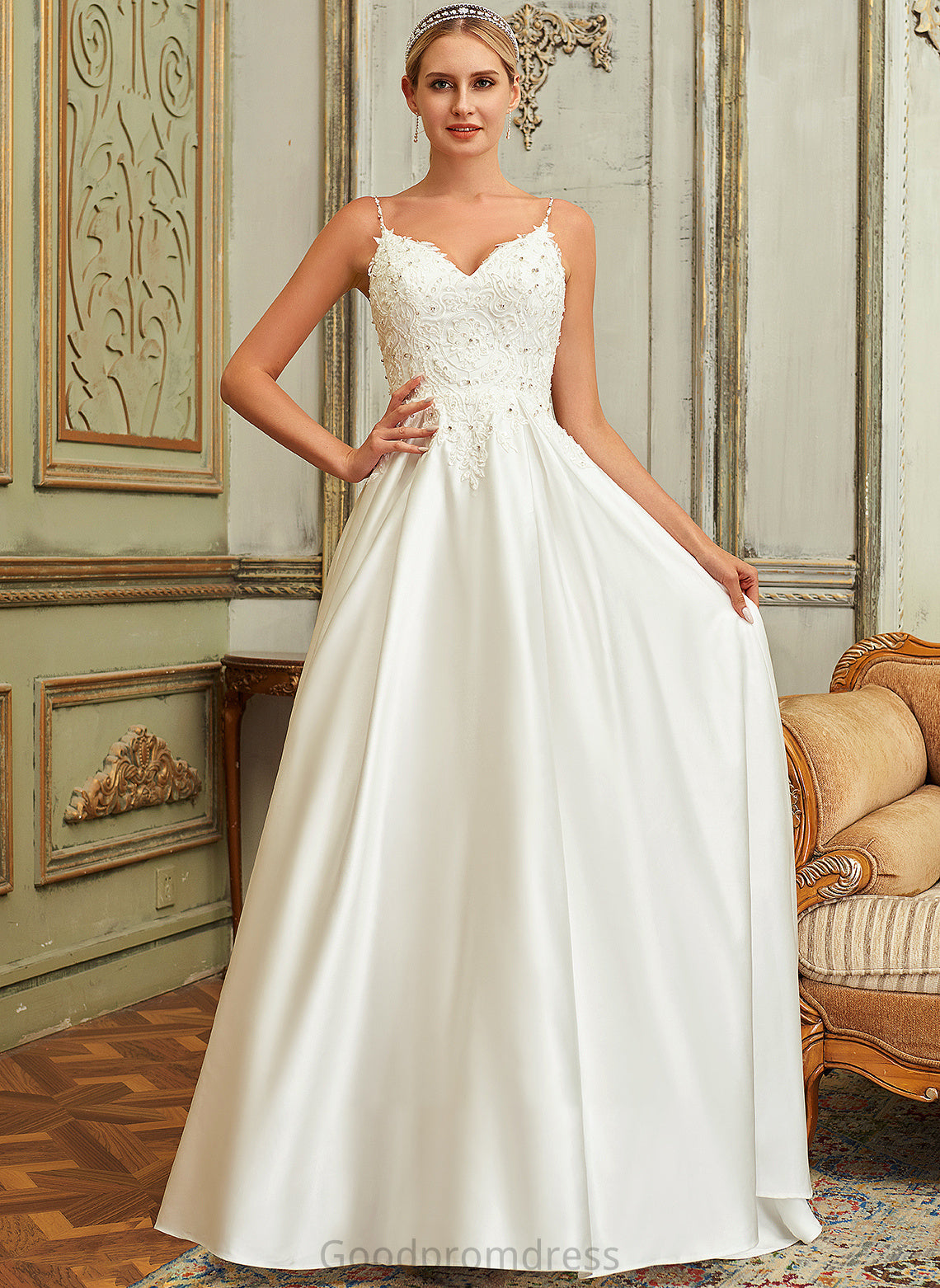 Lace Wedding Dresses Pockets With Satin Train V-neck Lace Sweep Ball-Gown/Princess Sequins Kenley Beading Dress Wedding