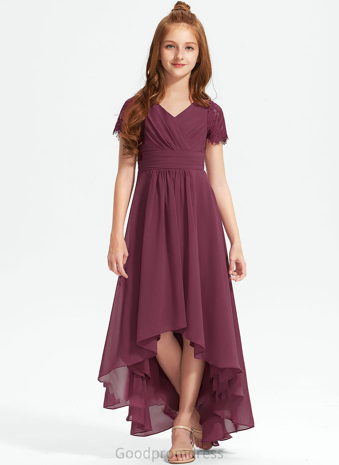 Asymmetrical Junior Bridesmaid Dresses Chiffon A-Line Ruffle Izabella With Lace V-neck