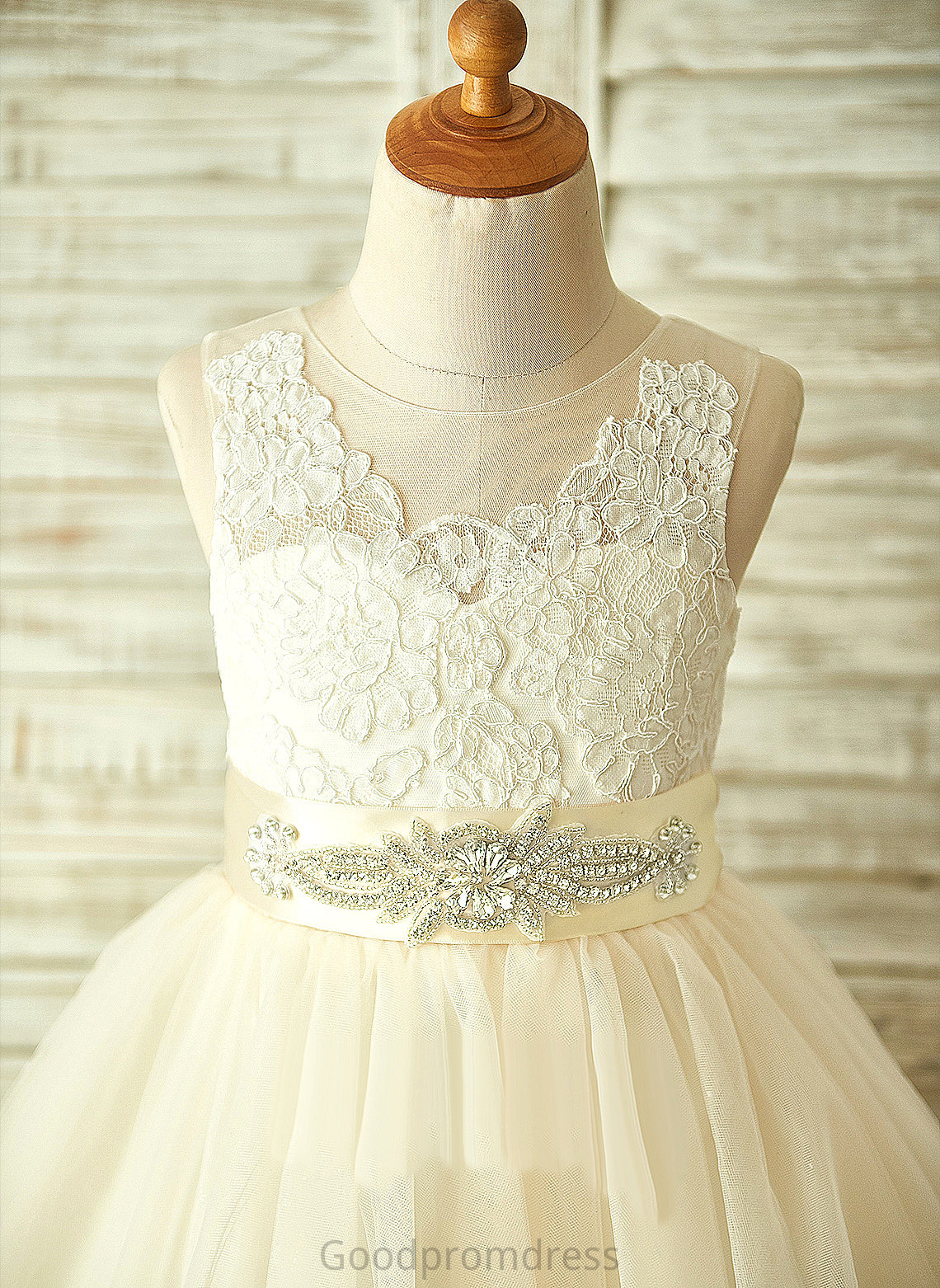 Girl Dress With - Neck Knee-length Scoop Flower Girl Dresses A-Line Sleeveless Bailey Bow(s) Flower Tulle/Lace