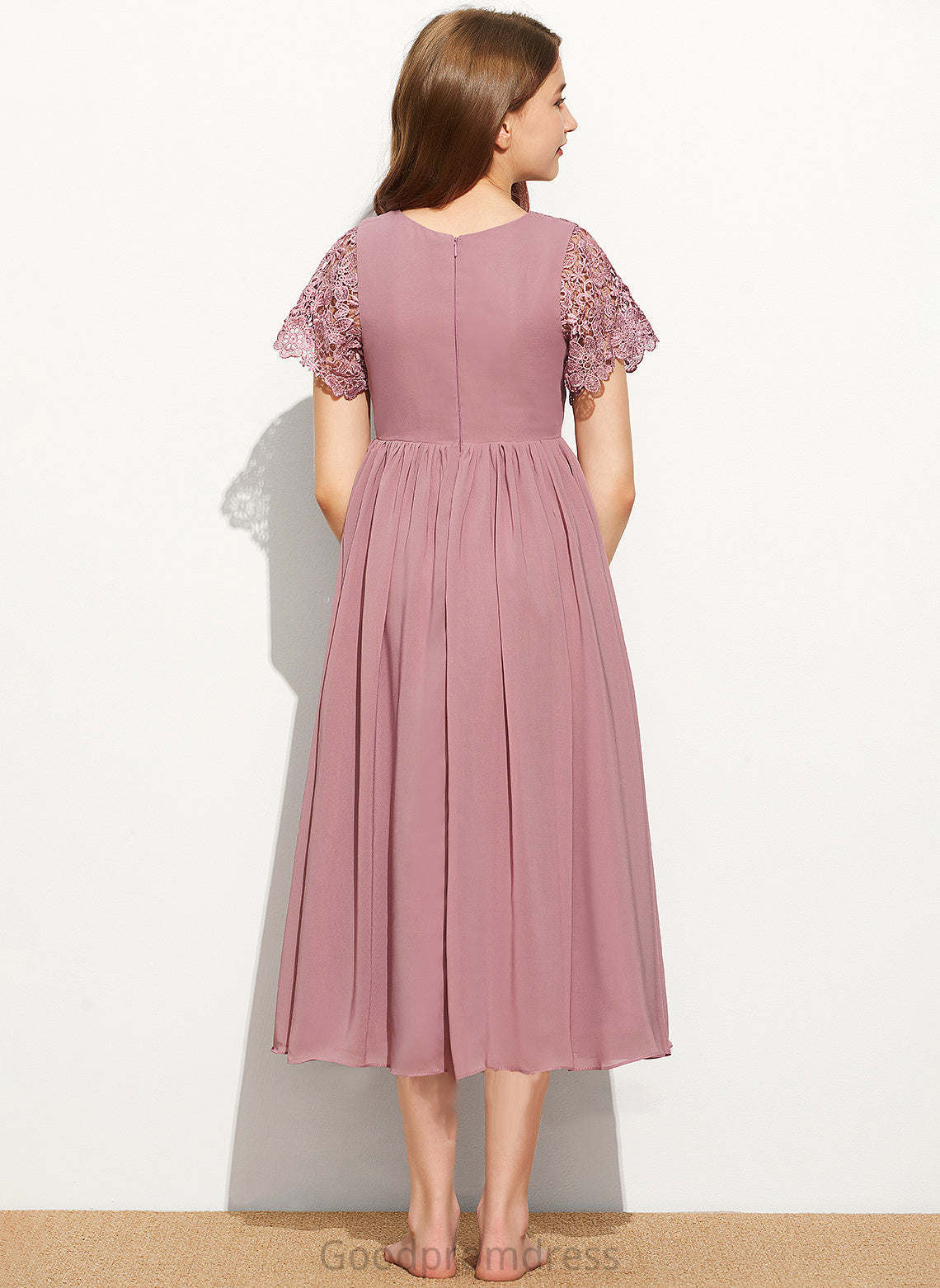 Junior Bridesmaid Dresses A-Line Maryjane Tea-Length Scoop Neck Chiffon Lace