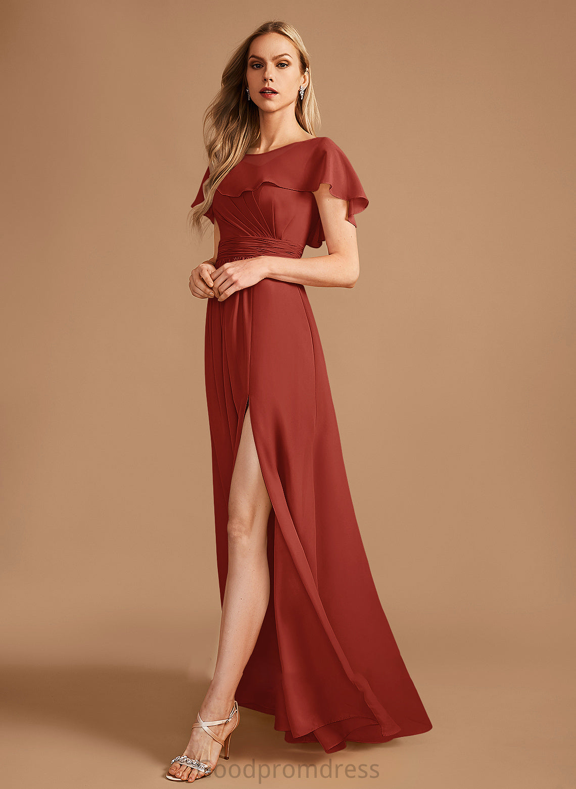 Embellishment HighNeck Floor-Length SplitFront Ruffle Neckline Silhouette Fabric Length A-Line Erica Sleeveless Bridesmaid Dresses