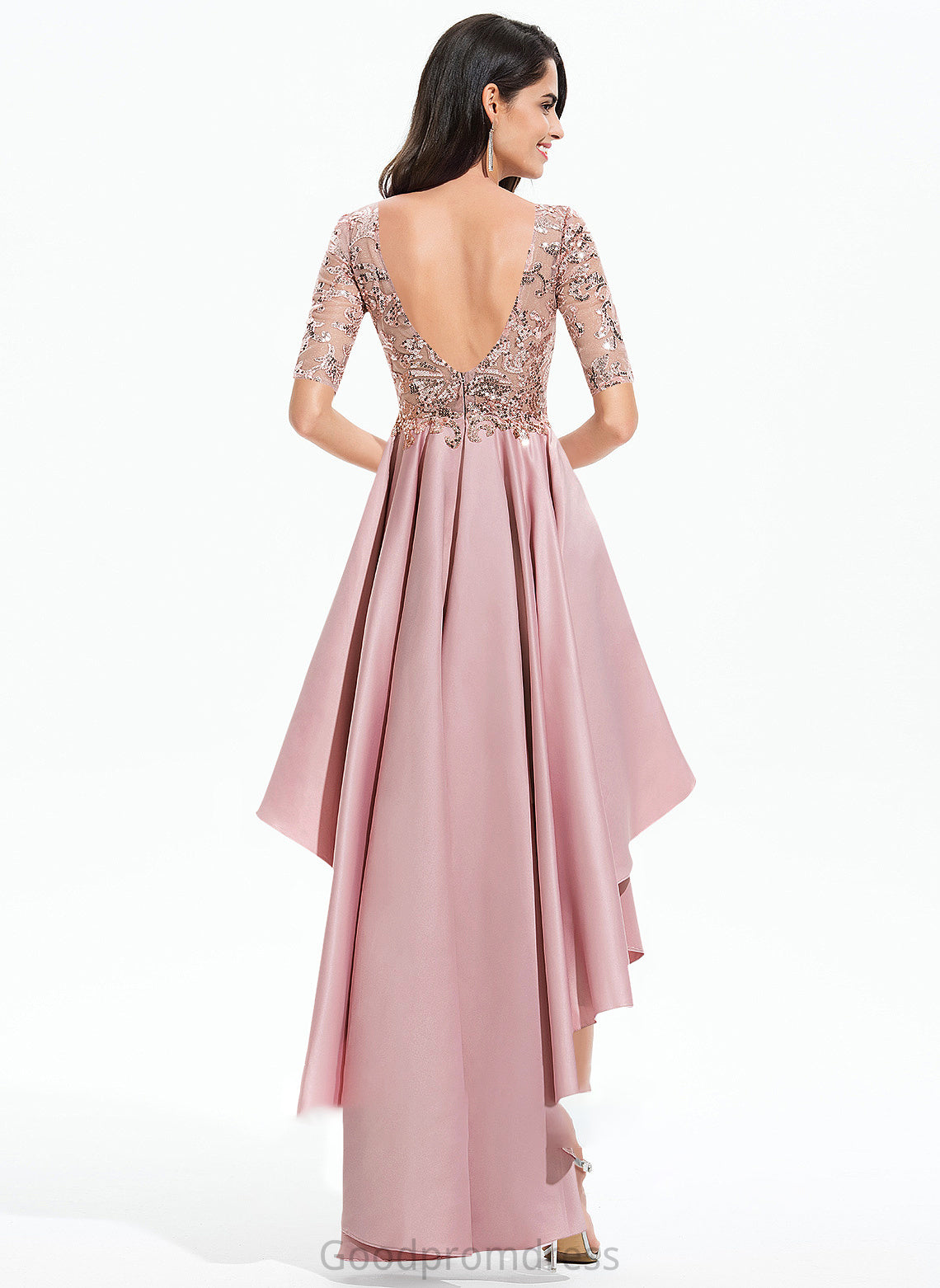 Asymmetrical Lucile Prom Dresses Neck Sequins Scoop A-Line With Satin Lace