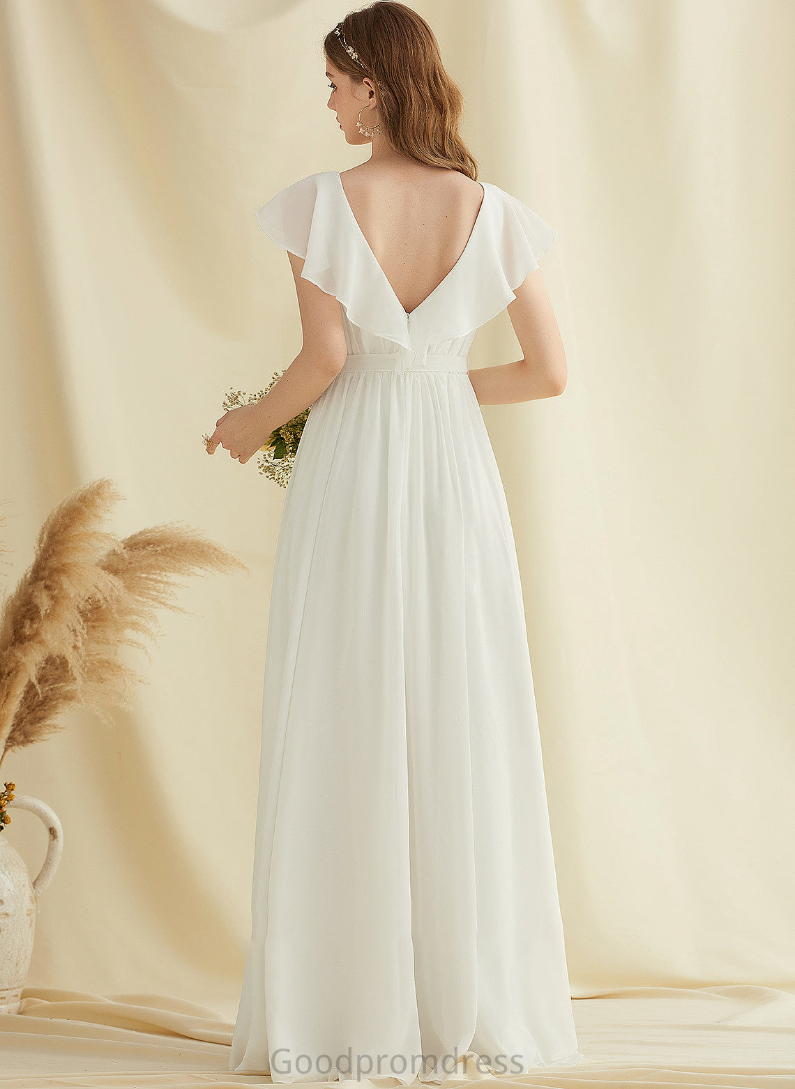 Ruffles Wedding Miah Cascading V-neck Chiffon Dress Front Split A-Line With Wedding Dresses Floor-Length