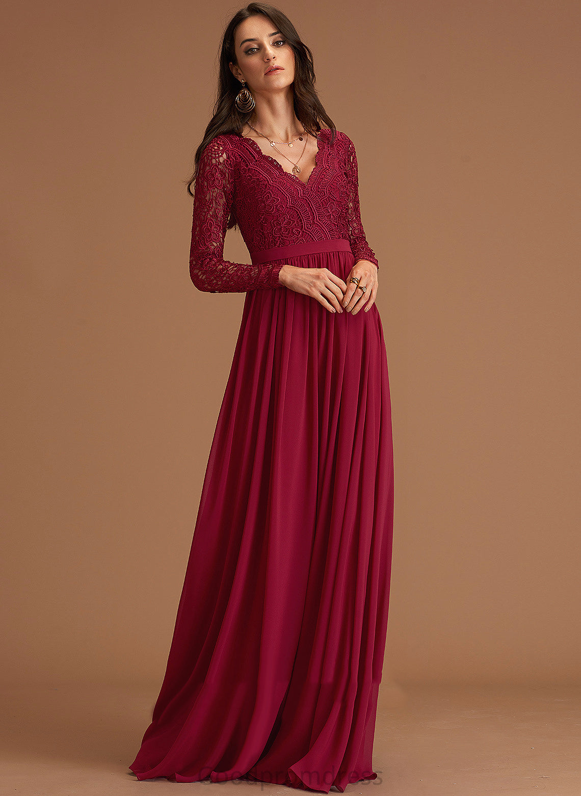 Lace Long Sleeves Danica A-line Maxi V-Neck Chiffon Chiffon Dresses Club Dresses