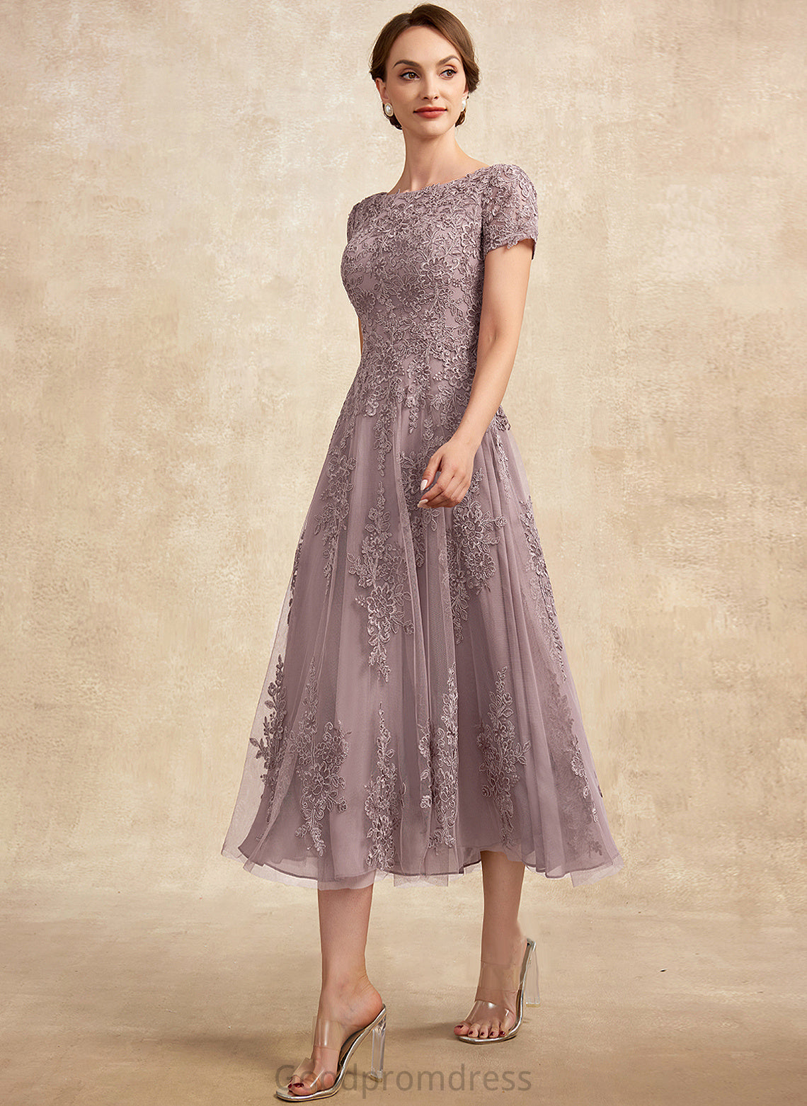 Sahna Neck Mother A-Line Lace Scoop Dress Bride Tea-Length Tulle of the Mother of the Bride Dresses