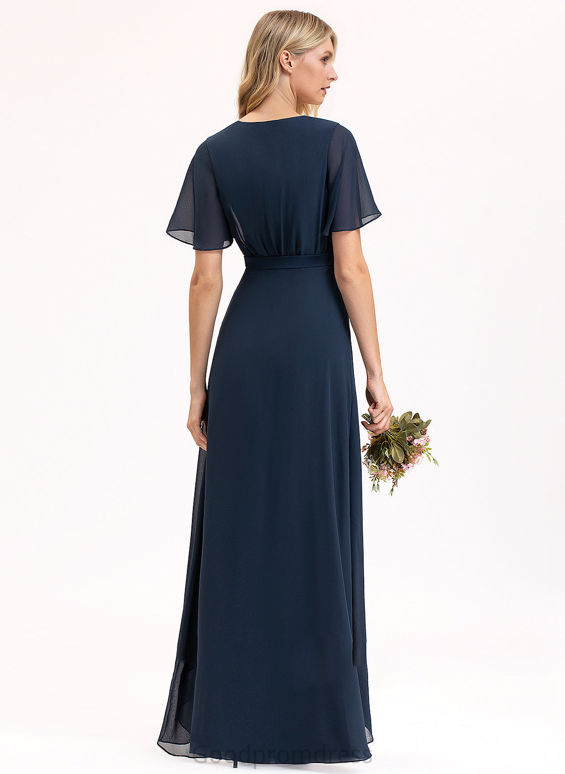 Fabric V-neck Silhouette A-Line Neckline Length Asymmetrical Bow(s) Embellishment Novia Sleeveless Floor Length Bridesmaid Dresses