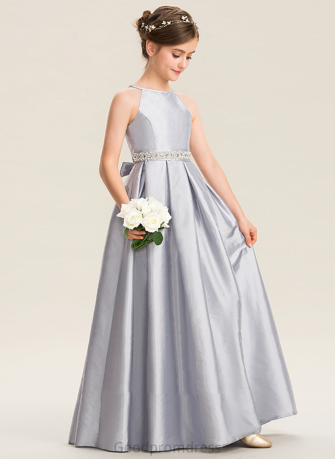 Bow(s) Junior Bridesmaid Dresses Taffeta Floor-Length Beading Neck Penelope With A-Line Scoop