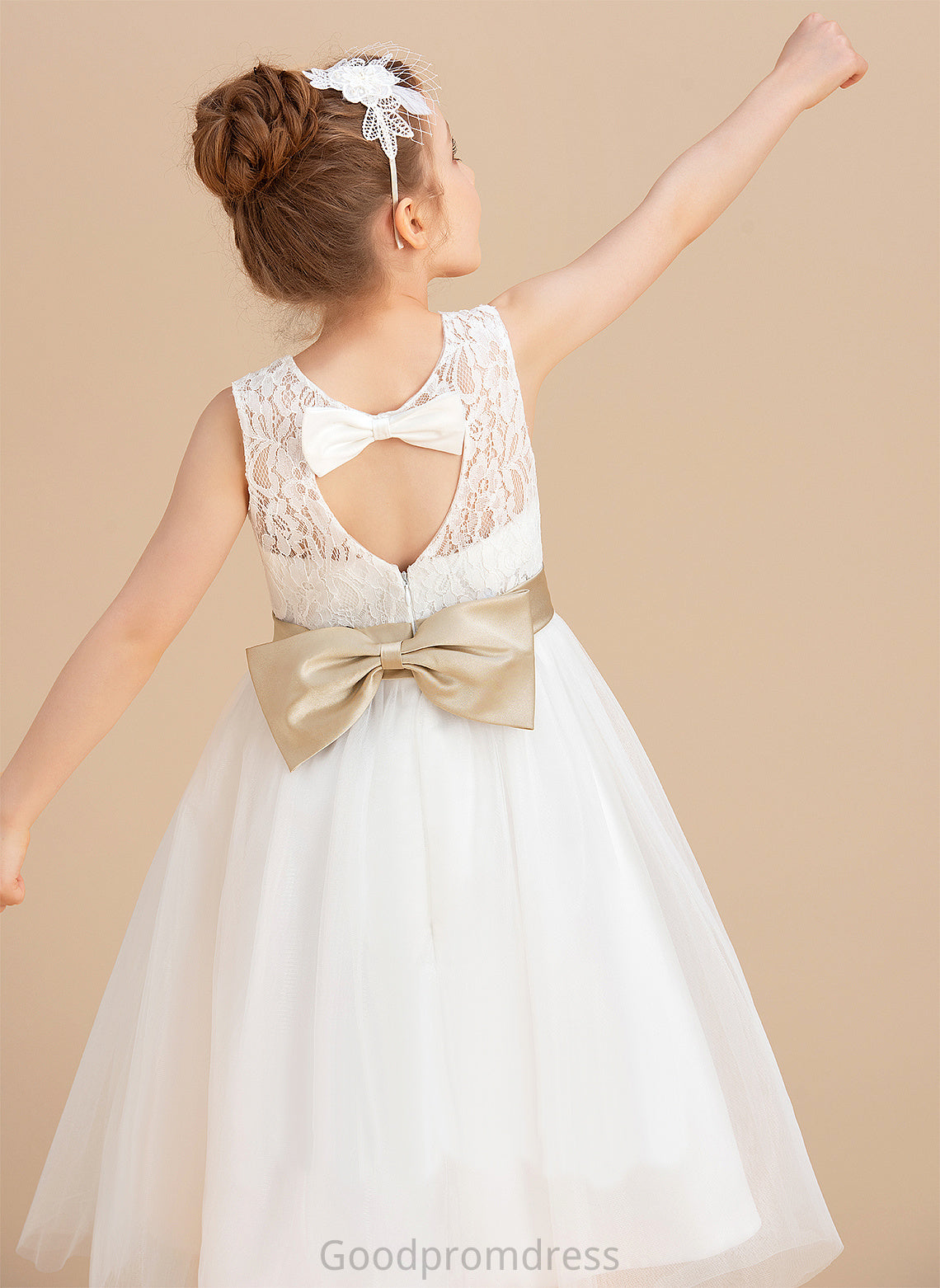 A-Line/Princess Tulle/Lace Scoop Neck Sleeveless Dress Flower Girl Dresses Flower Tea-length Hole Sash/Bow(s)/Back Girl Jenny - With