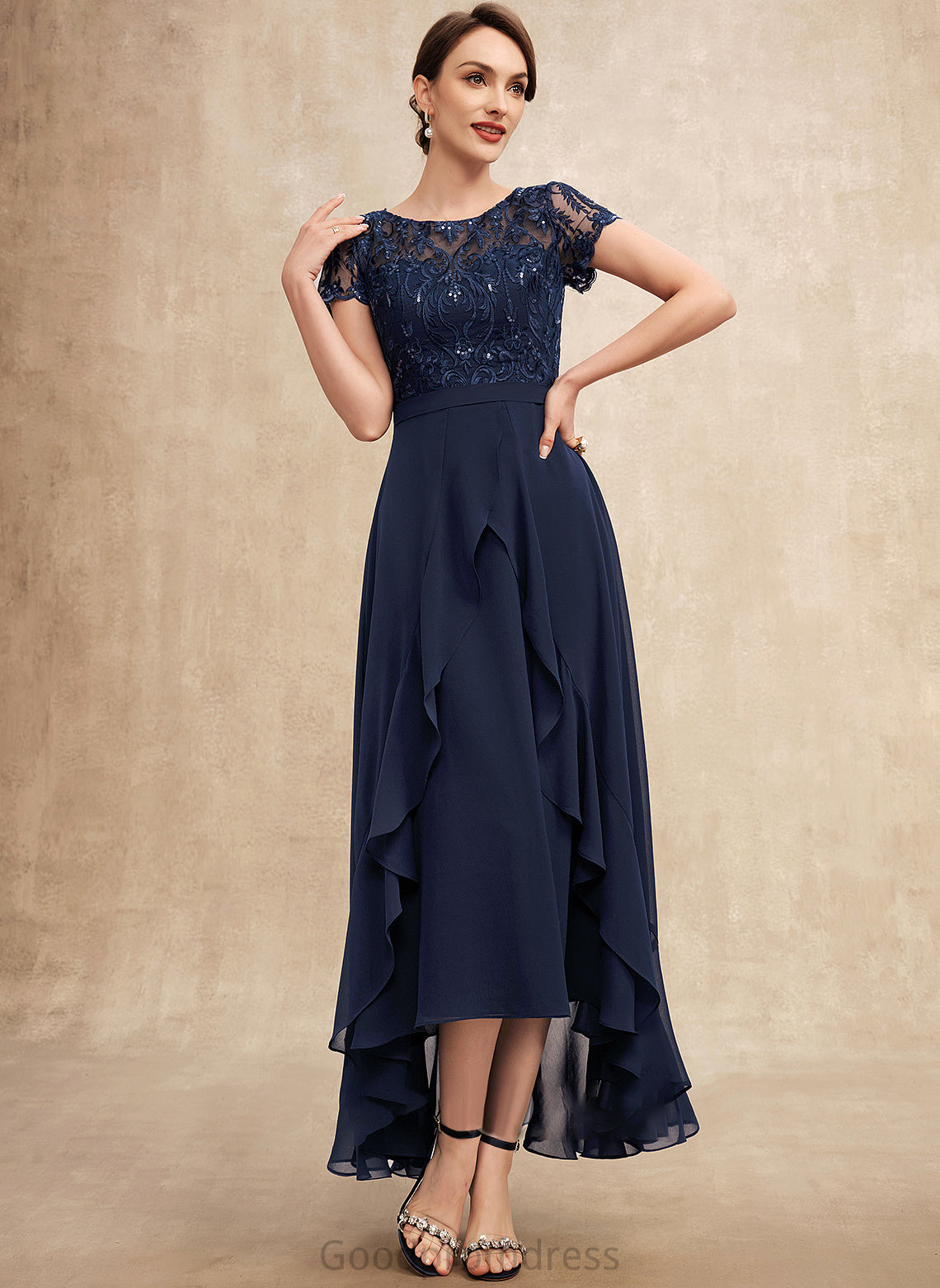 Sequins Bride Abby Chiffon Mother Ruffles Asymmetrical Neck Dress Cascading Lace Bow(s) the of Scoop A-Line With Mother of the Bride Dresses