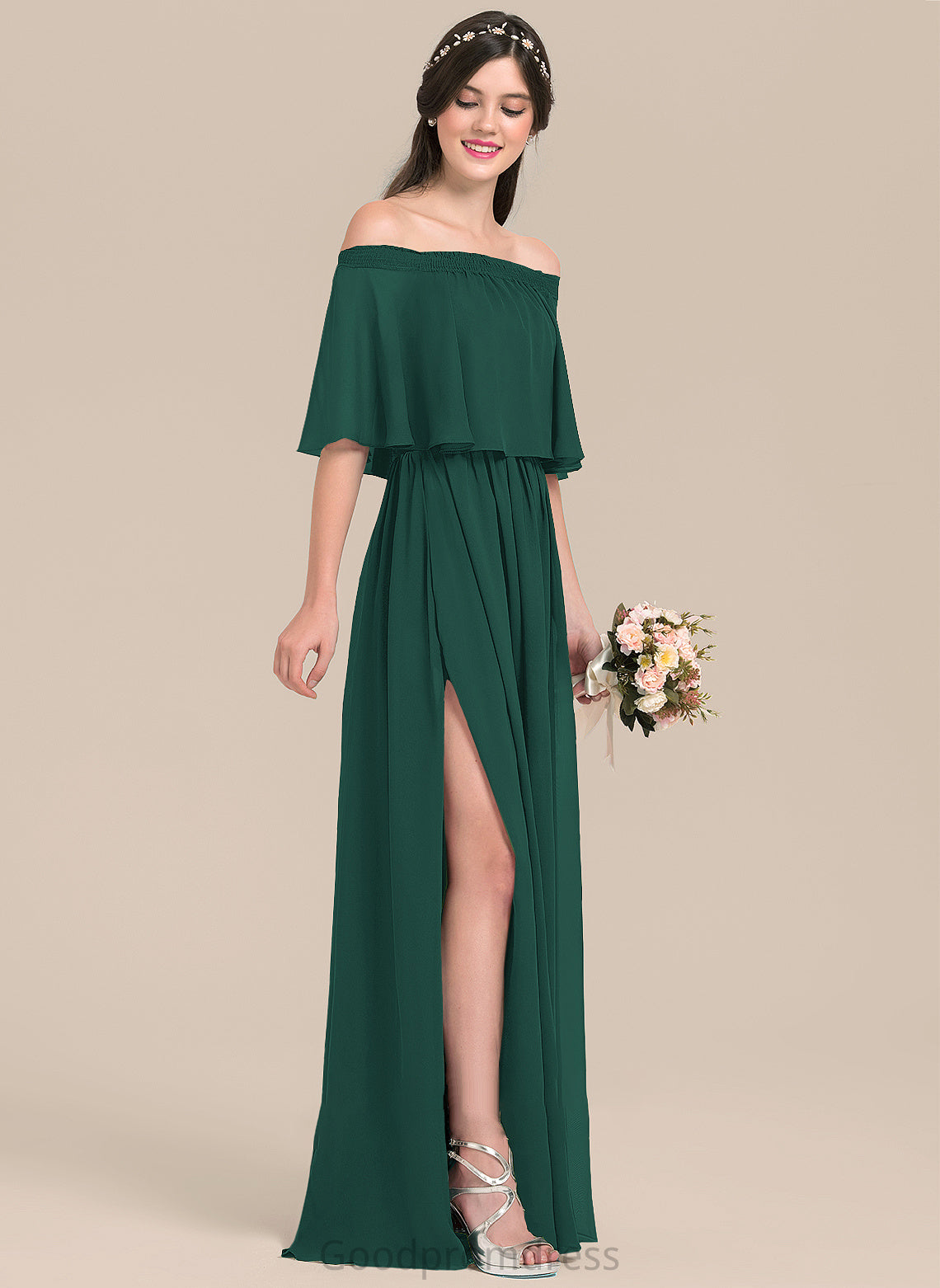 A-Line Neckline SplitFront Length Off-the-Shoulder Embellishment Fabric Silhouette Floor-Length Emelia A-Line/Princess Floor Length Bridesmaid Dresses