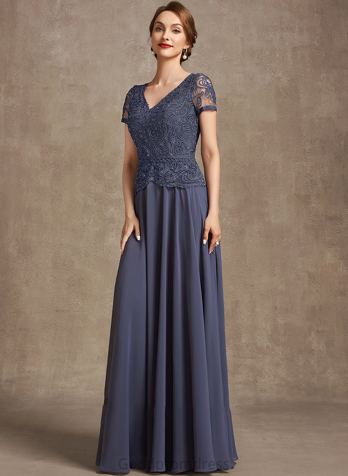 Mother With A-Line Mother of the Bride Dresses of Bride Floor-Length Dress Sequins the V-neck Chiffon Lauretta Lace