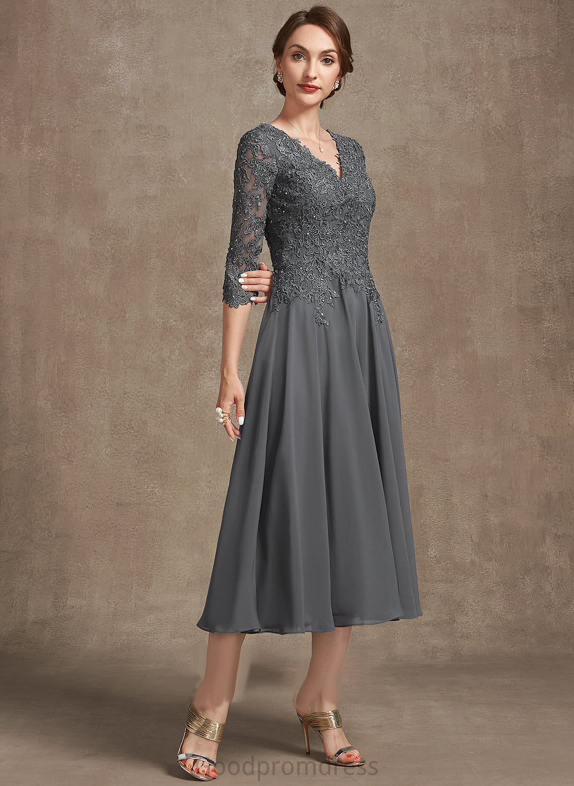 A-Line Tea-Length Lace Dress Chiffon V-neck Beading the Mother of the Bride Dresses of Sequins Bride Ellen Mother With