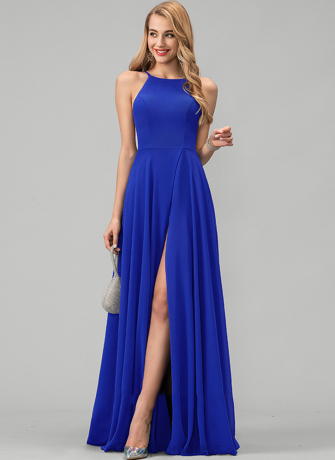 Chiffon With Neck Floor-Length A-Line Louise Scoop Prom Dresses Front Split