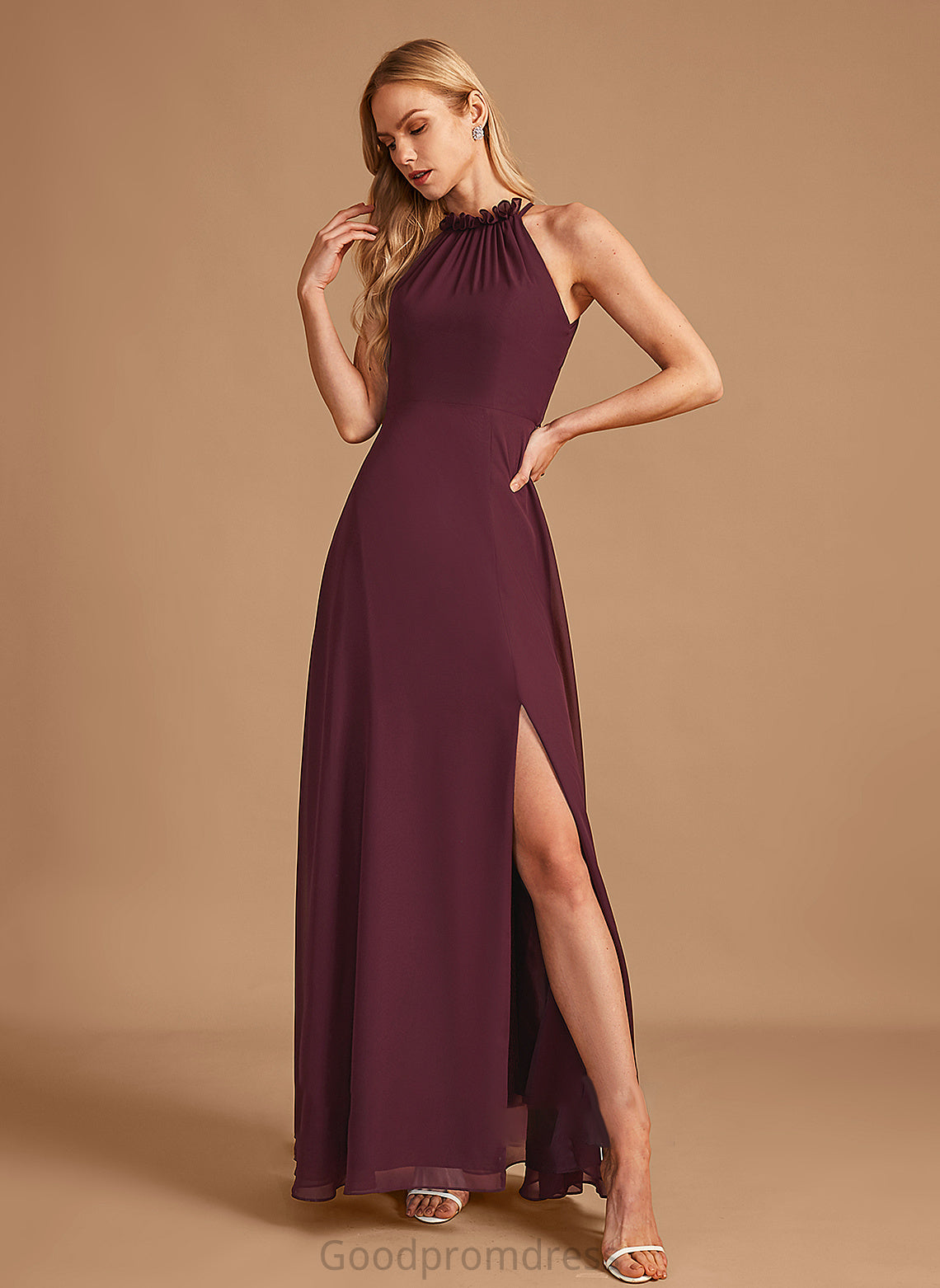 Neckline SplitFront Embellishment Fabric Length Silhouette A-Line Floor-Length HighNeck Gabriela Sleeveless Trumpet/Mermaid Bridesmaid Dresses