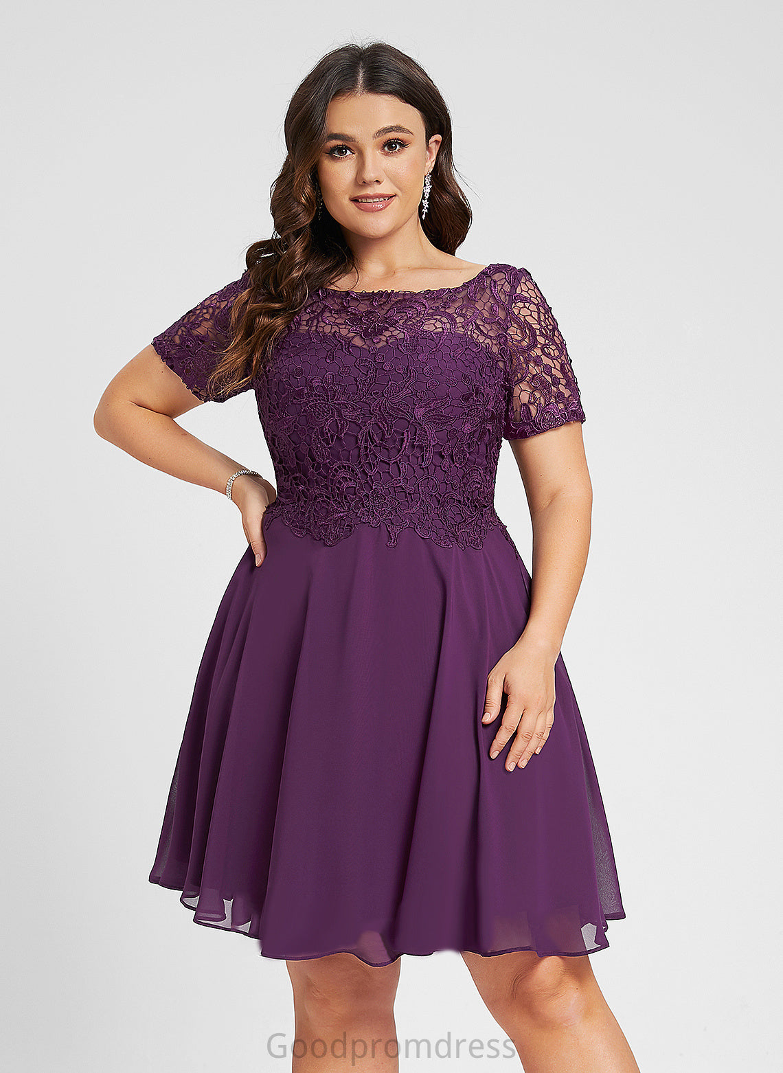 Rebecca Cocktail Chiffon Neck Cocktail Dresses Dress A-Line Lace Scoop Knee-Length