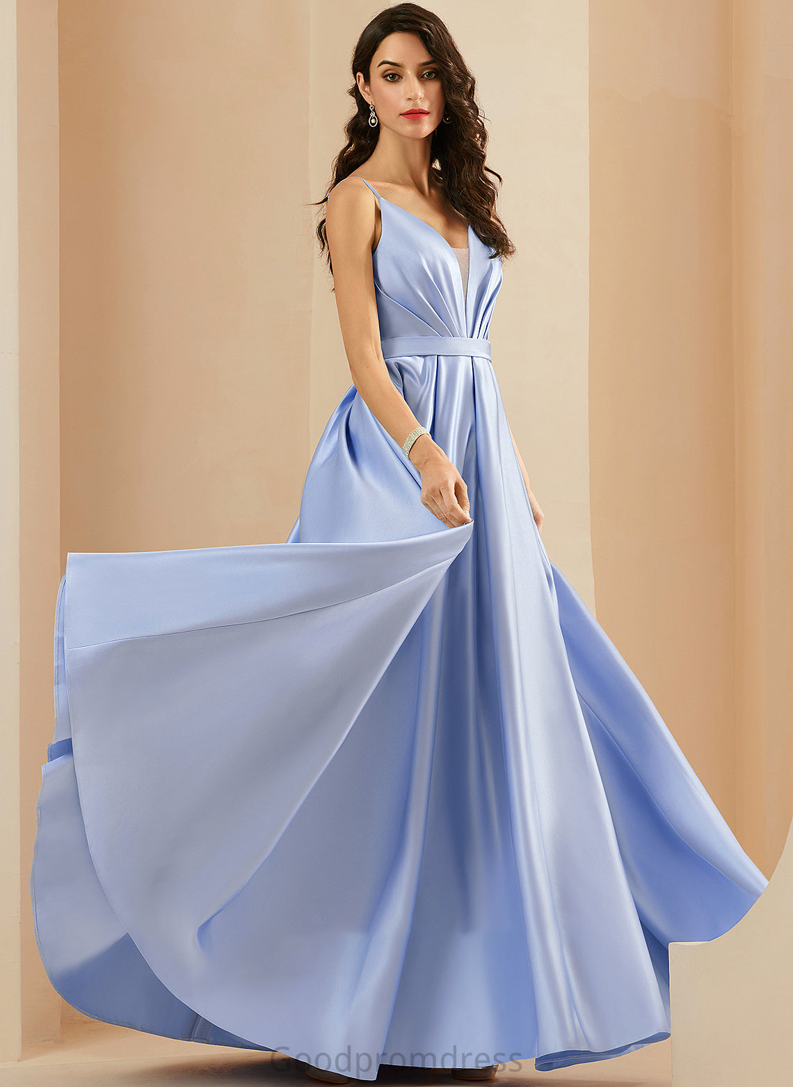 Floor-Length Prom Dresses Ball-Gown/Princess V-neck With Satin Miley Ruffle Pockets