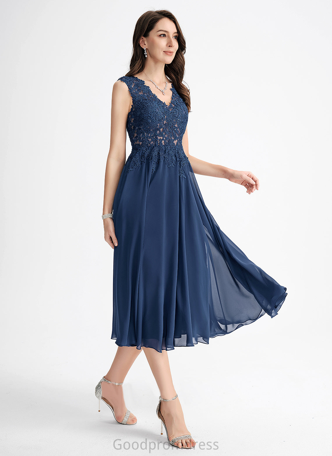 A-Line Cocktail Cocktail Dresses Lace Itzel Chiffon V-neck Tea-Length Dress