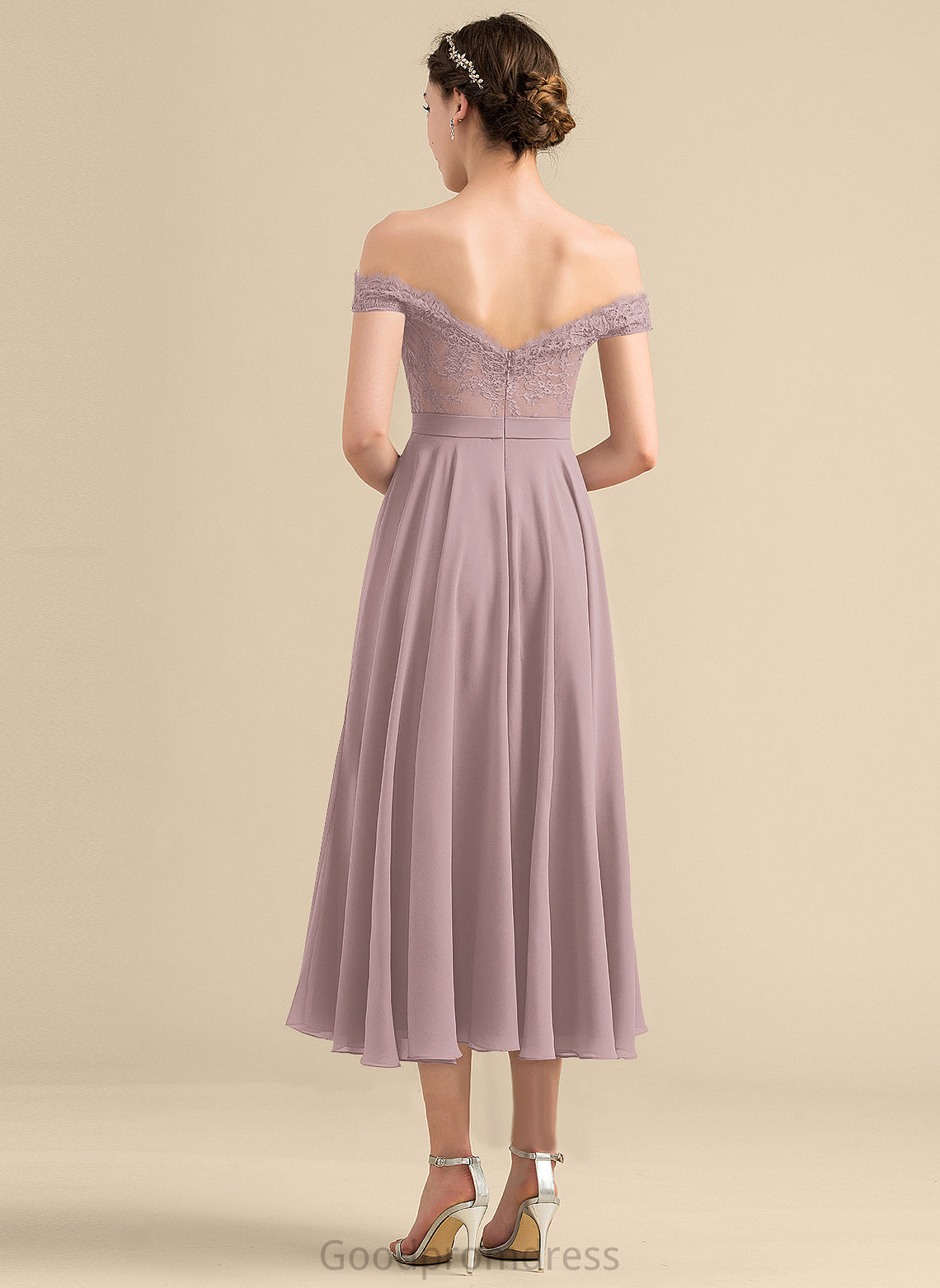 Lace Cocktail Off-the-Shoulder A-Line Chiffon Cocktail Dresses With Tea-Length Finley Dress Beading