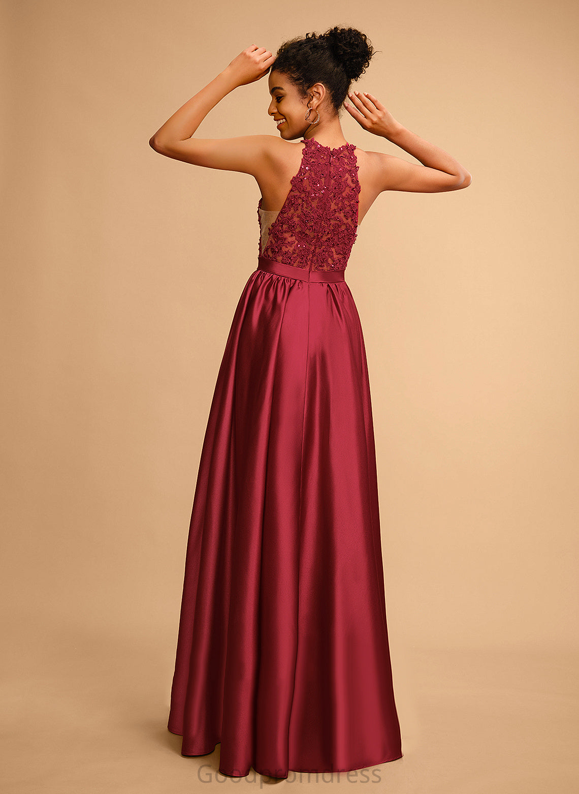 Satin With Prom Dresses Lace Floor-Length Shayna Sequins Halter Ball-Gown/Princess