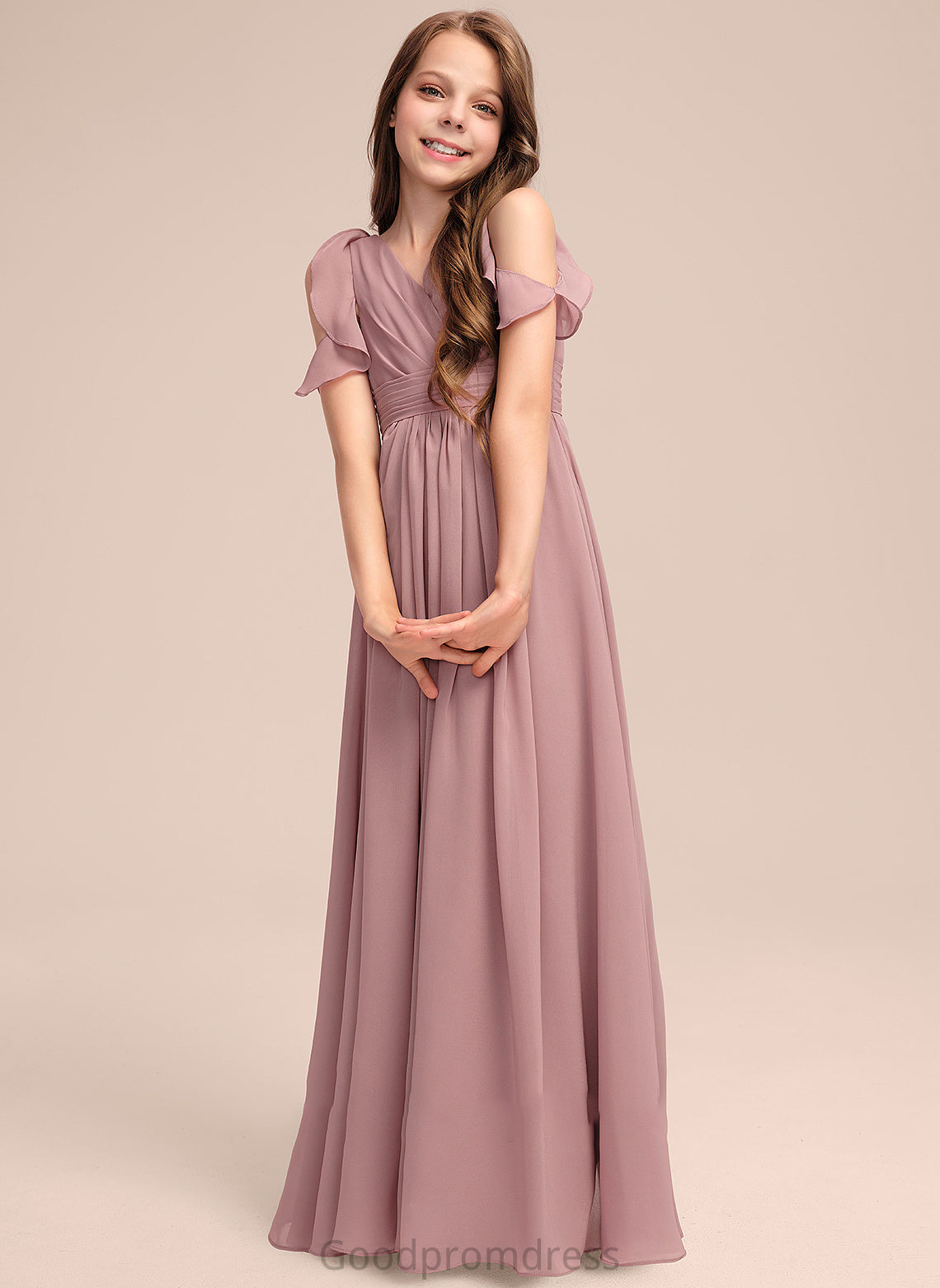 Junior Bridesmaid Dresses Floor-Length Cascading V-neck Christina Chiffon Ruffles With A-Line