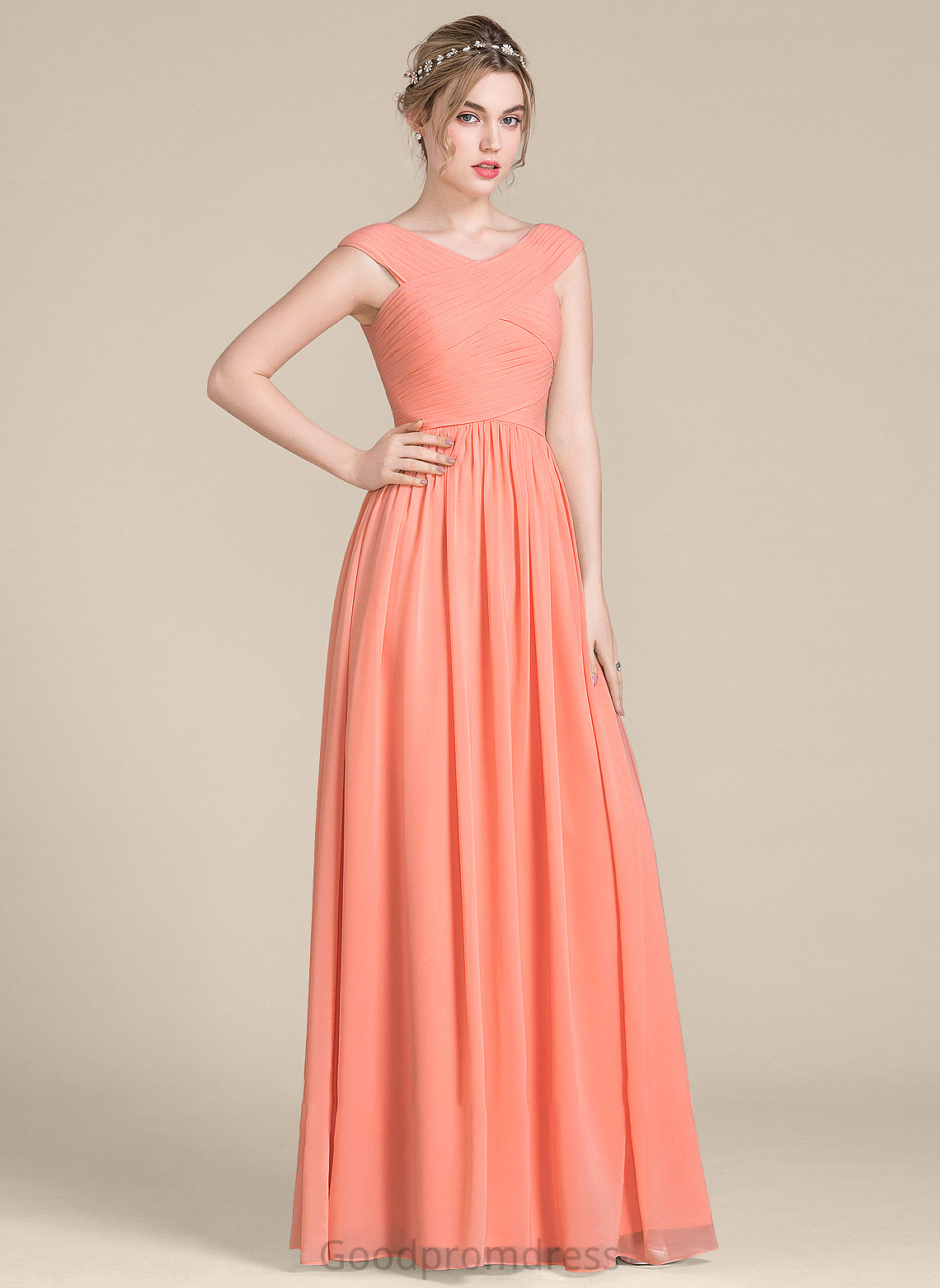 Neckline Straps Fabric V-neck Embellishment Ruffle Length Floor-Length Coral Sleeveless Natural Waist A-Line/Princess Bridesmaid Dresses