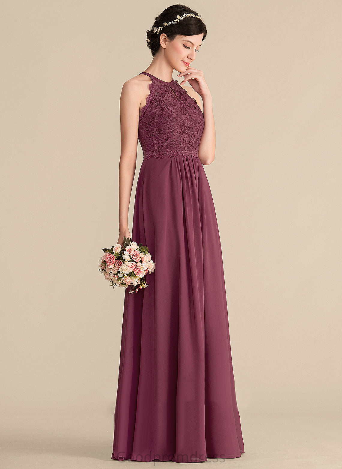 Chiffon Willa Prom Dresses Lace Scoop Floor-Length A-Line