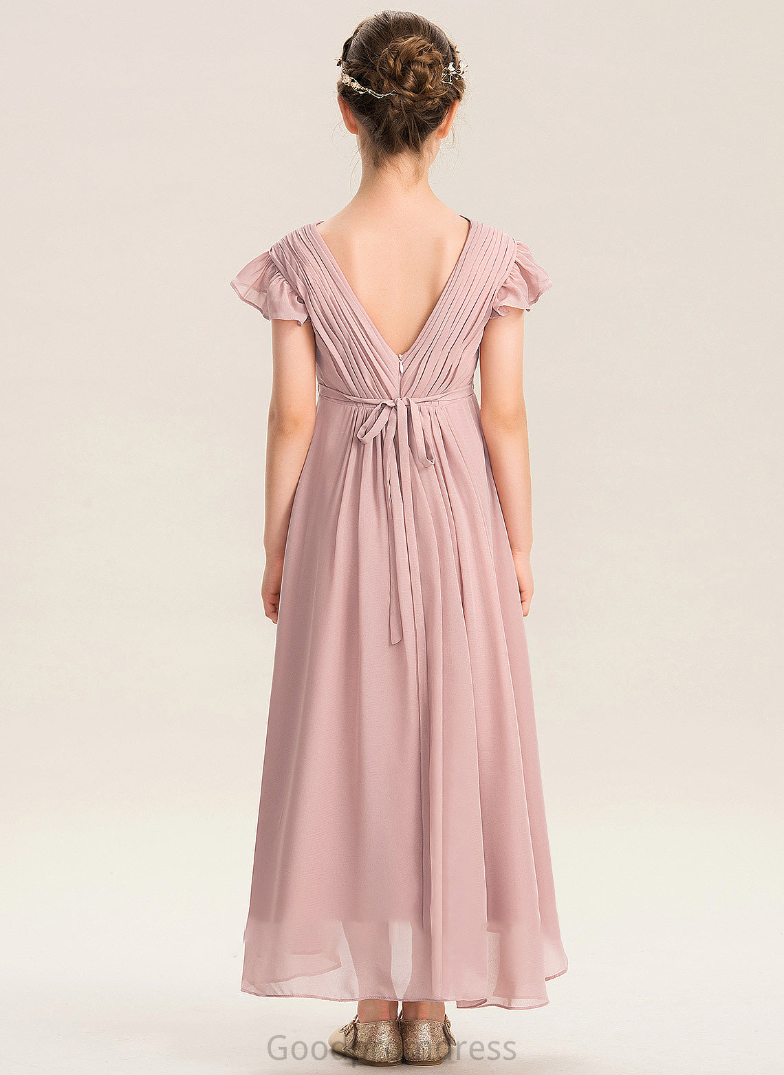 Chiffon V-neck Cascading Asymmetrical A-Line Bow(s) Junior Bridesmaid Dresses Ruffles Kendra With